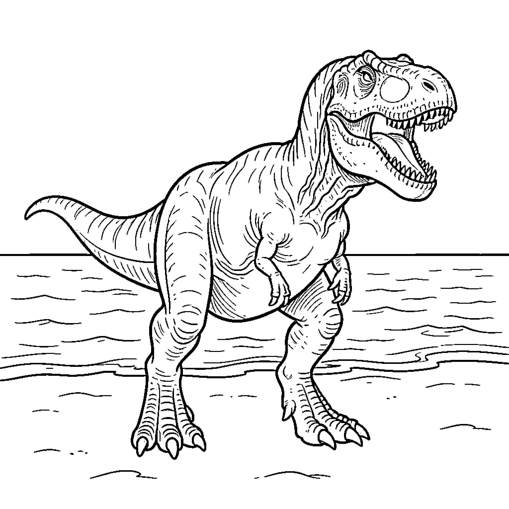 T-Rex Stomping Fiercely on the Beach Coloring Page (free black-and-white line drawing printable PDF for all, from beginners to advanced learners, including children, teens, adults, and seniors)