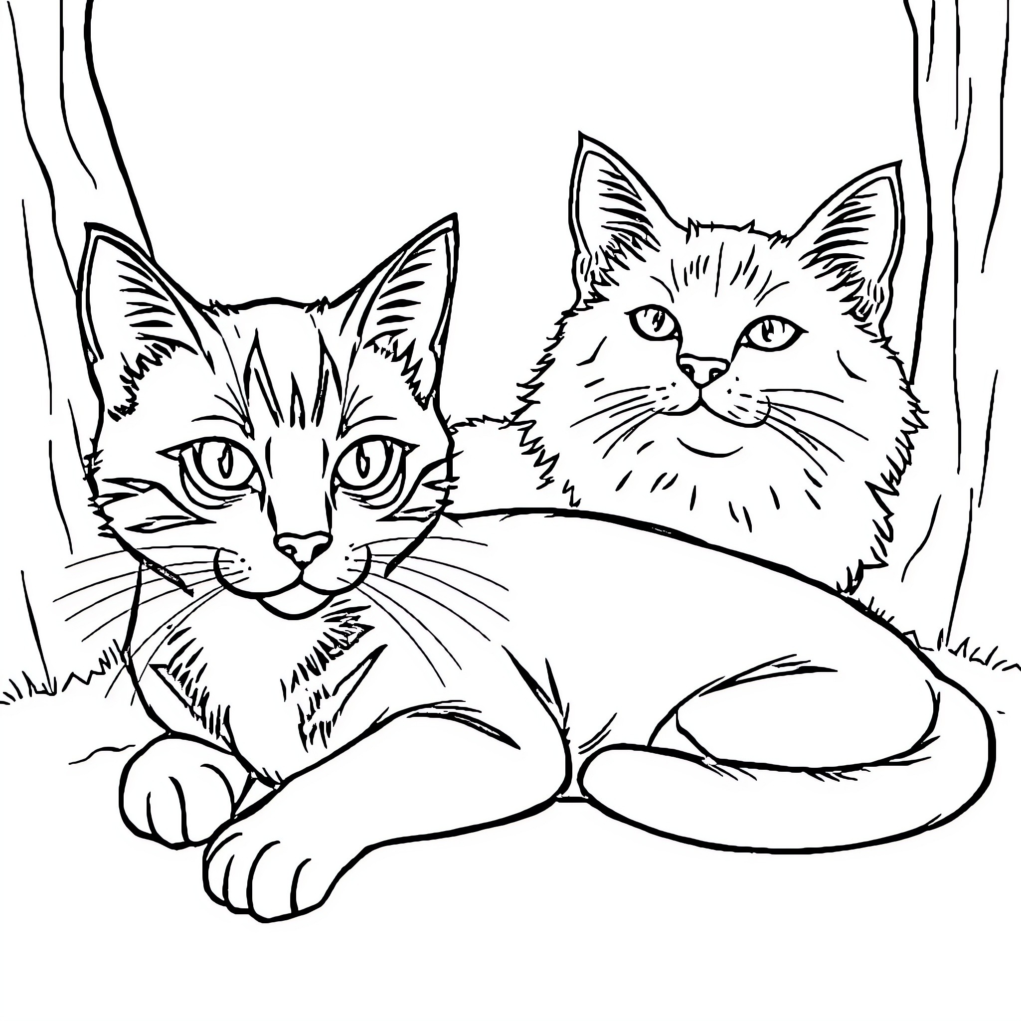 Cat Companions Resting in the Woods Coloring Page (free black-and-white line drawing printable PDF for all, from beginners to advanced learners, including children, teens, adults, and seniors)