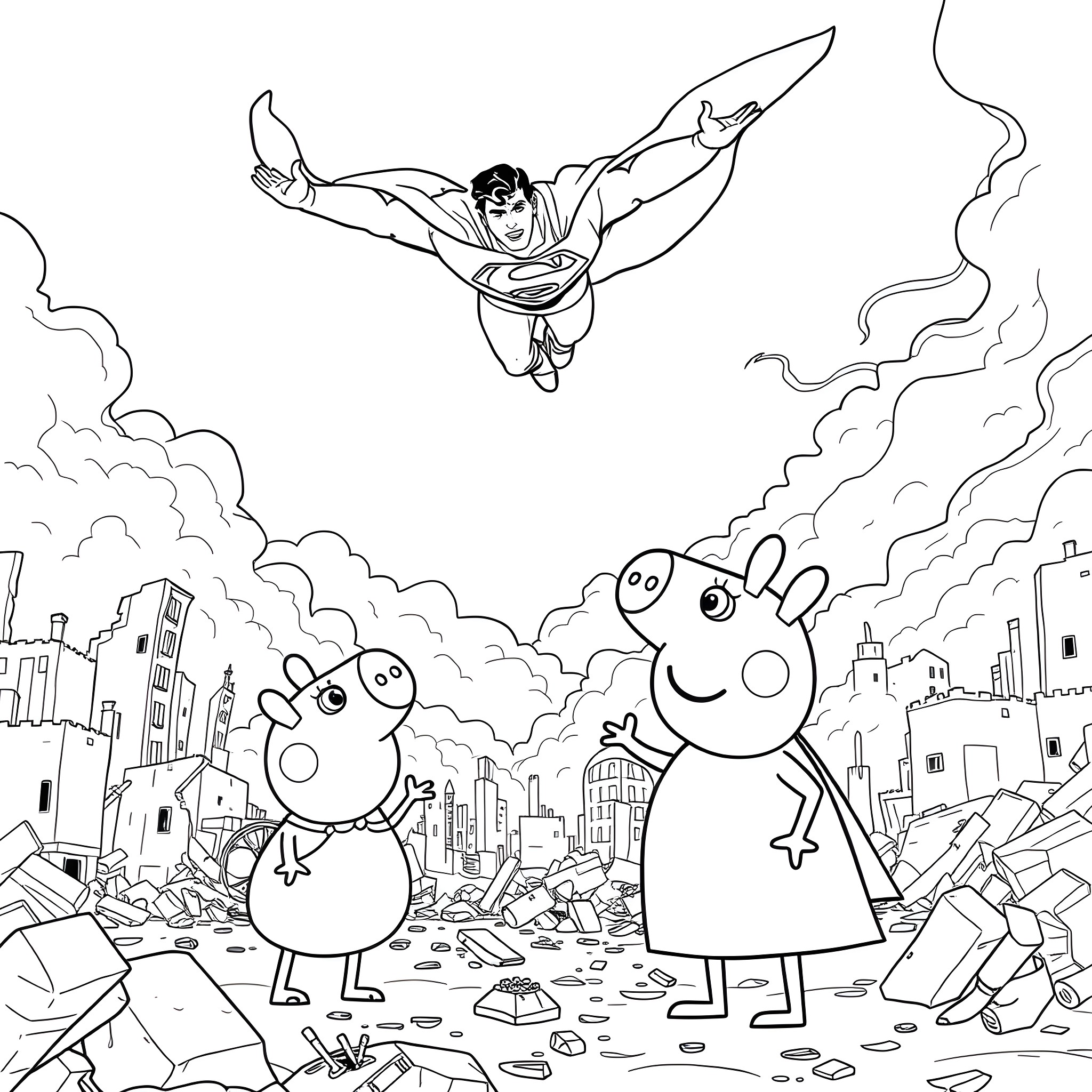 Superman saving Peppa Pig and her family from disaster Coloring Page (free black-and-white line drawing printable PDF for all, from beginners to advanced learners, including children, teens, adults, and seniors)