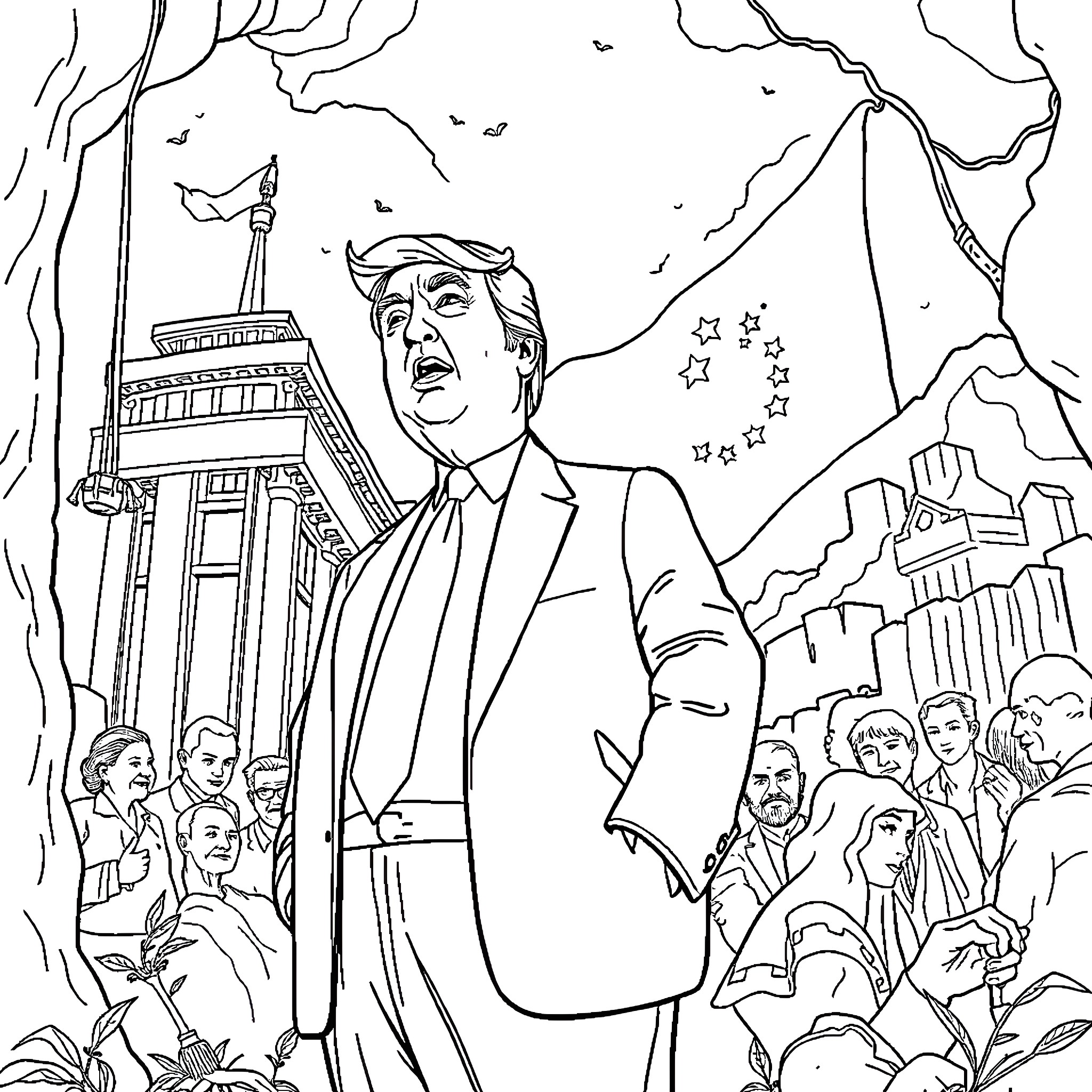 Trump Leading Crowd in Dramatic Backdrop Coloring Page (free black-and-white line drawing printable PDF for all, from beginners to advanced learners, including children, teens, adults, and seniors)