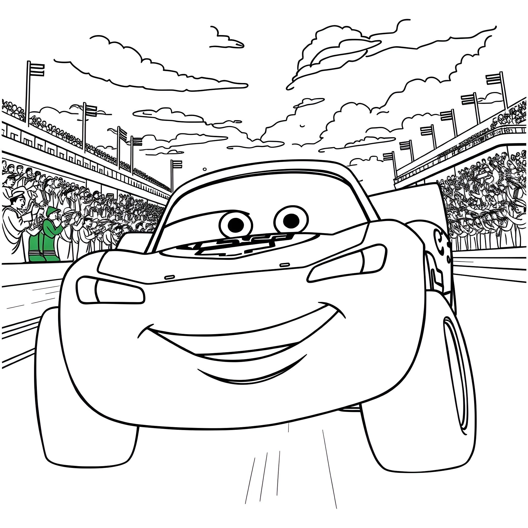 Lightning McQueen racing with excitement on the track Coloring Page (free black-and-white line drawing printable PDF for all, from beginners to advanced learners, including children, teens, adults, and seniors)