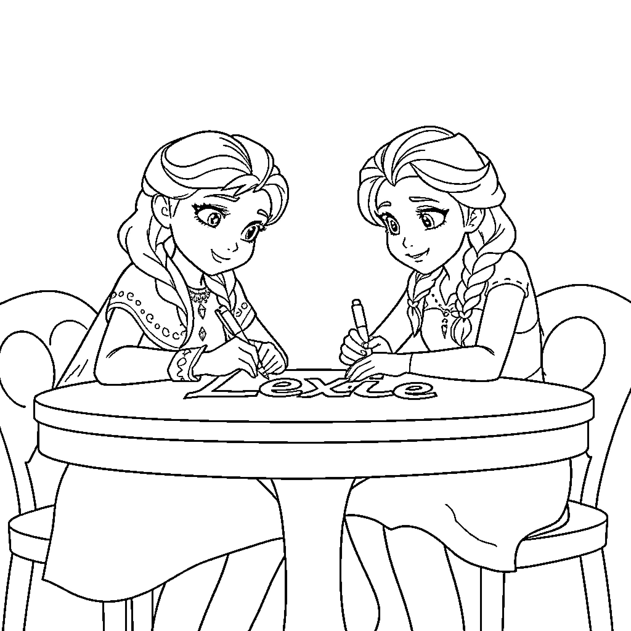Elsa and Anna studying together at the table Coloring Page (free black-and-white line drawing printable PDF for all, from beginners to advanced learners, including children, teens, adults, and seniors)