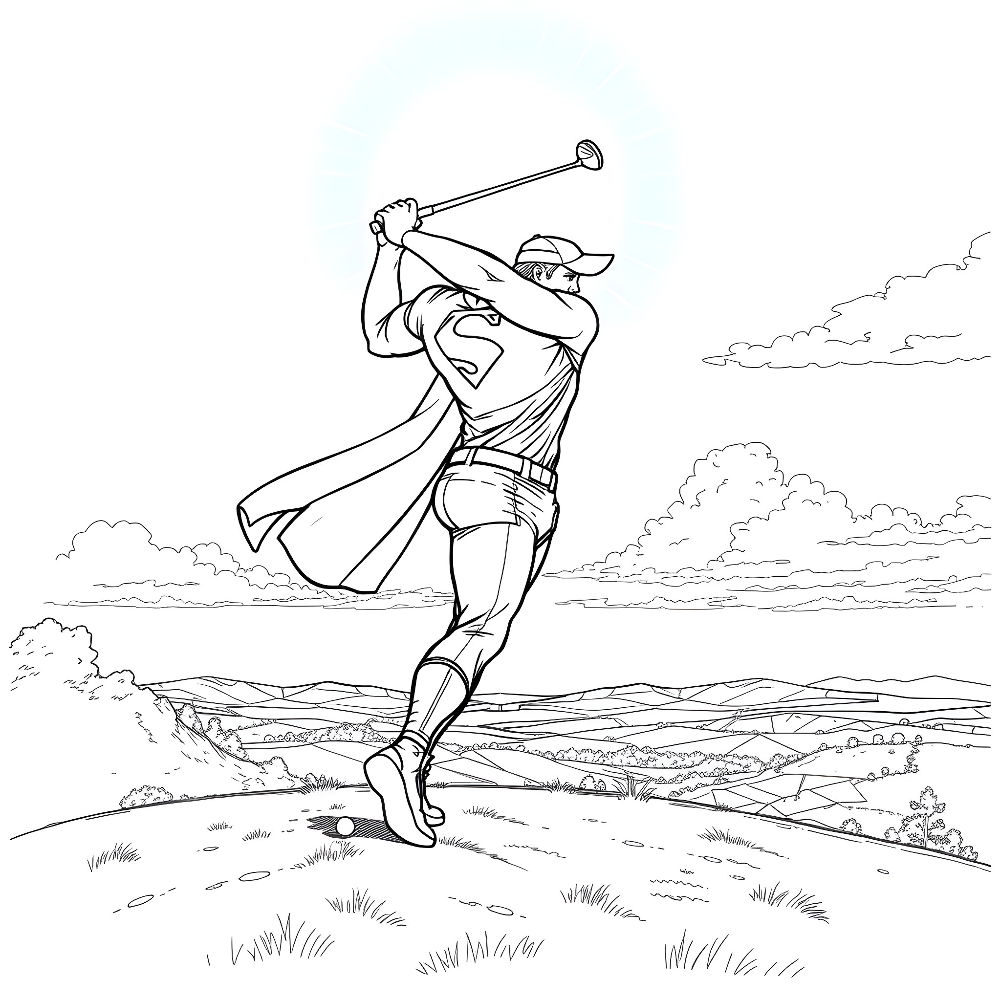 Superman hitting a golf ball in the countryside Coloring Page (free black-and-white line drawing printable PDF for all, from beginners to advanced learners, including children, teens, adults, and seniors)