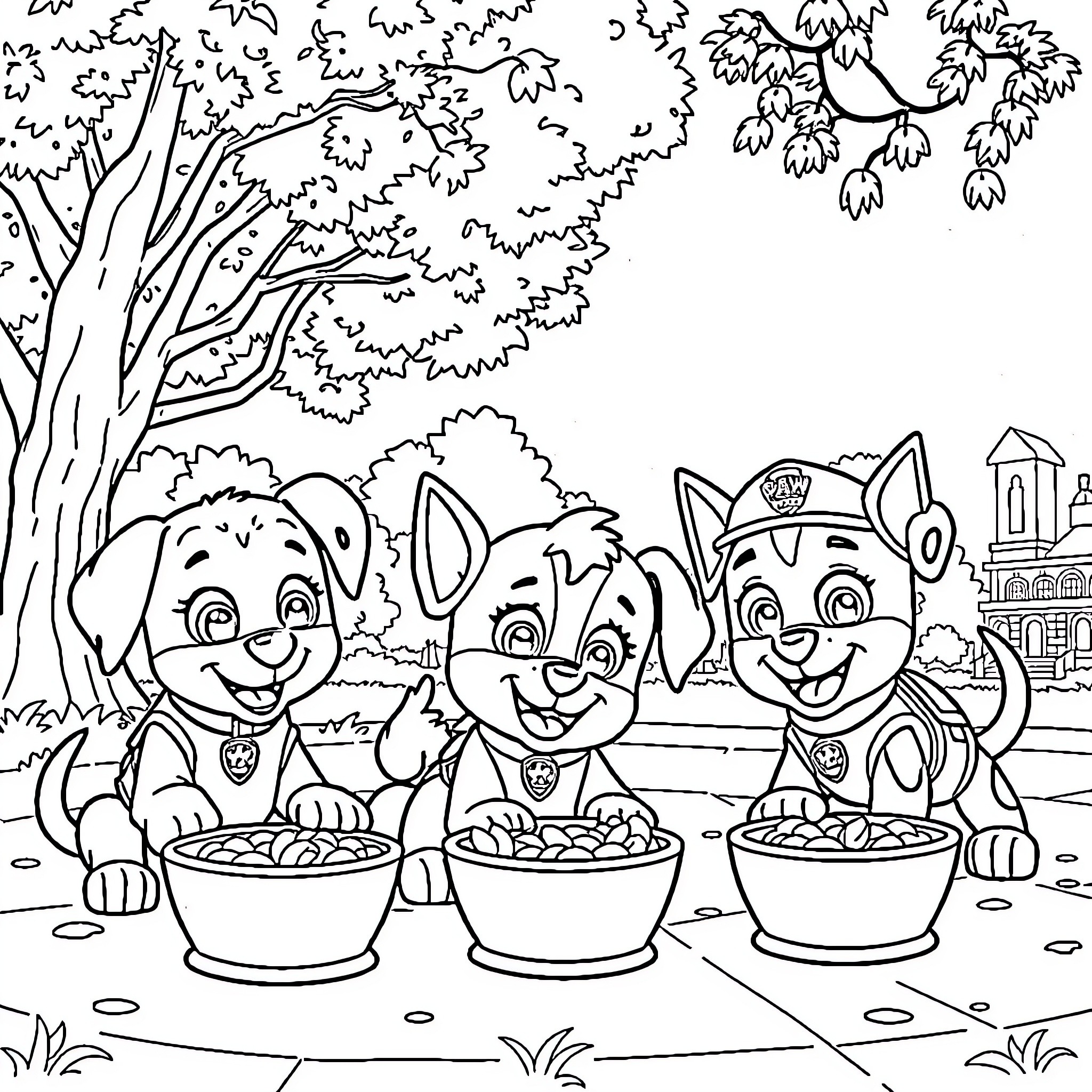 Paw Patrol Pups Enjoying a Snack in the Park Coloring Page (free black-and-white line drawing printable PDF for all, from beginners to advanced learners, including children, teens, adults, and seniors)