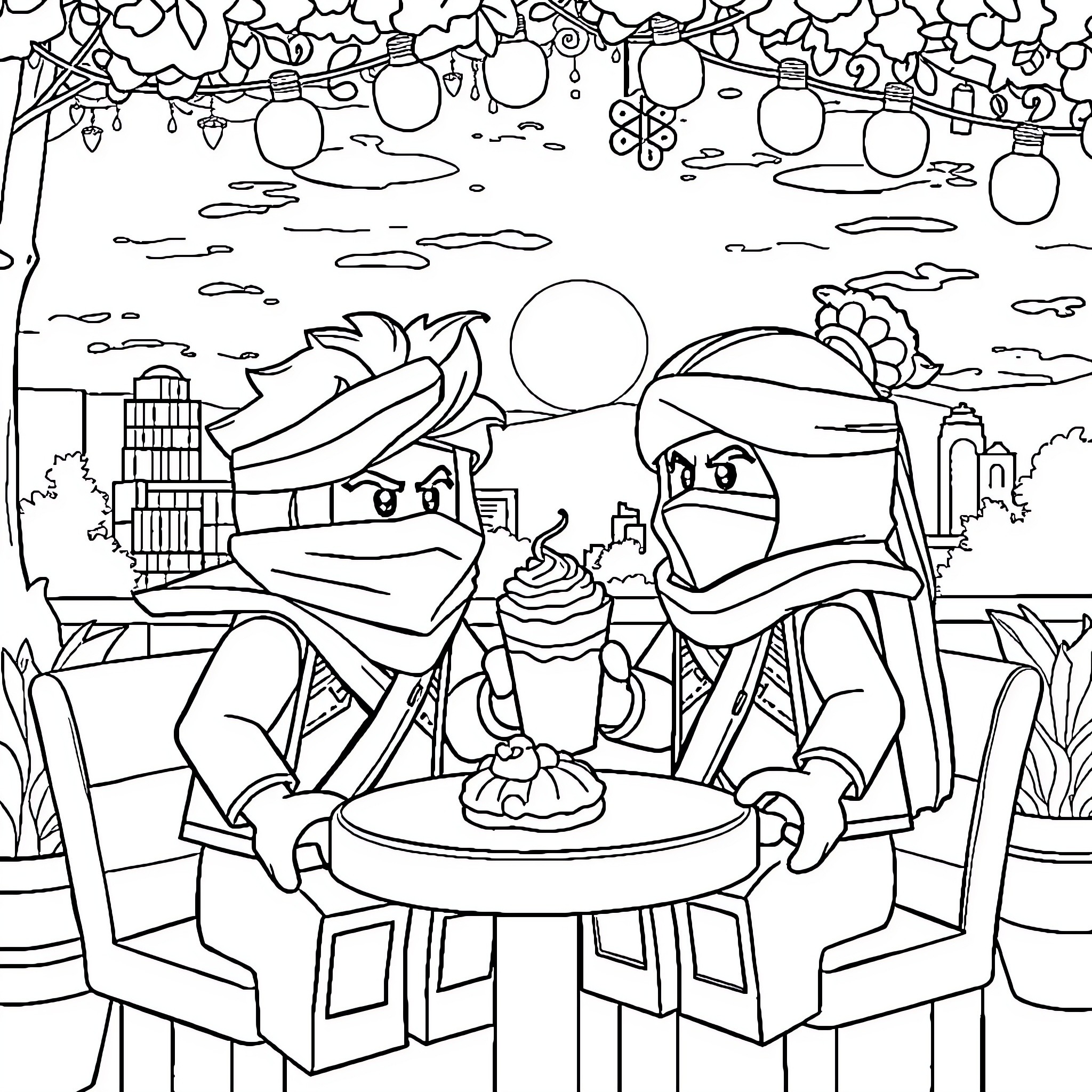 Jay and Nya enjoy a festive outdoor celebration Coloring Page (free black-and-white line drawing printable PDF for all, from beginners to advanced learners, including children, teens, adults, and seniors)