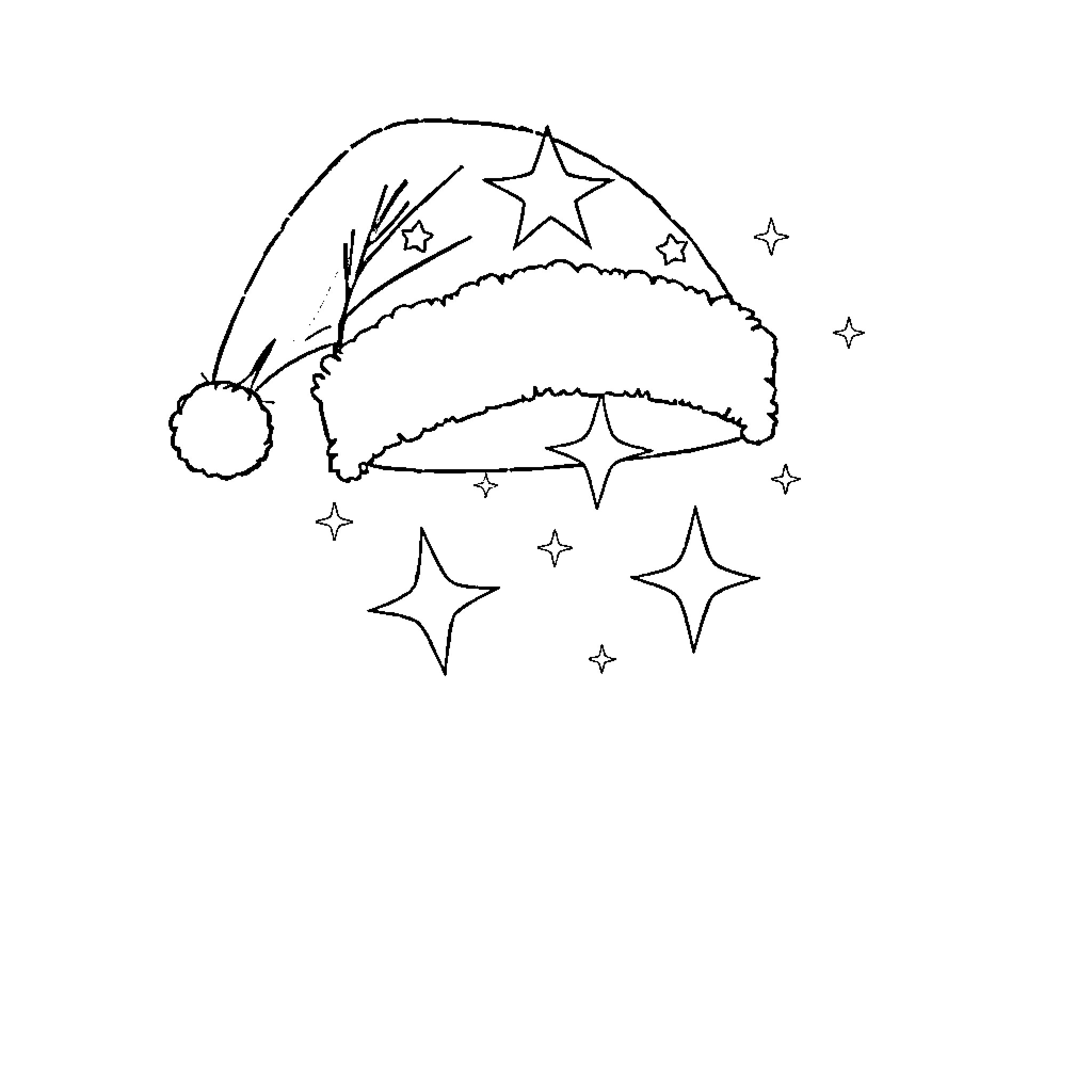Christmas Hat with Sparkling Stars Coloring Page (free black-and-white line drawing printable PDF for all, from beginners to advanced learners, including children, teens, adults, and seniors)