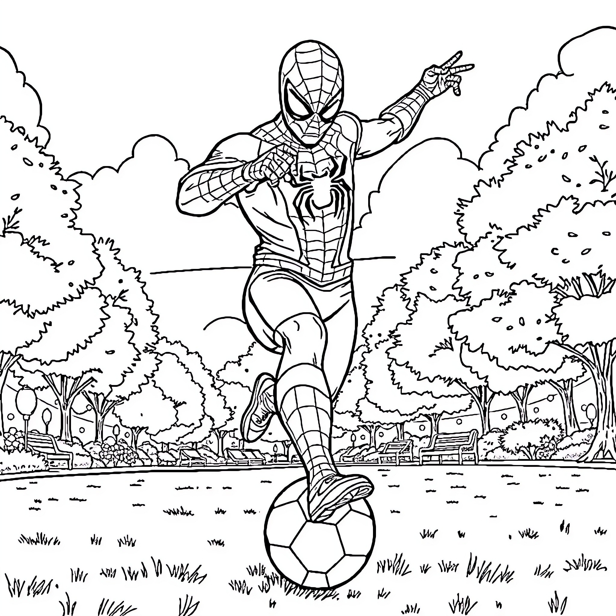 Spiderman swinging into action in the forest Coloring Page (free black-and-white line drawing printable PDF for all, from beginners to advanced learners, including children, teens, adults, and seniors)