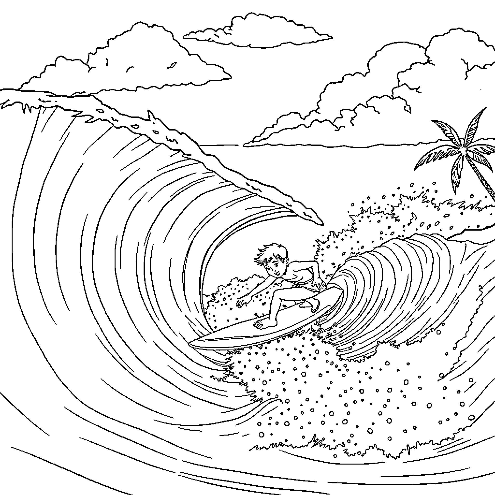 Midget surfer rides massive ocean wave Coloring Page (free black-and-white line drawing printable PDF for all, from beginners to advanced learners, including children, teens, adults, and seniors)