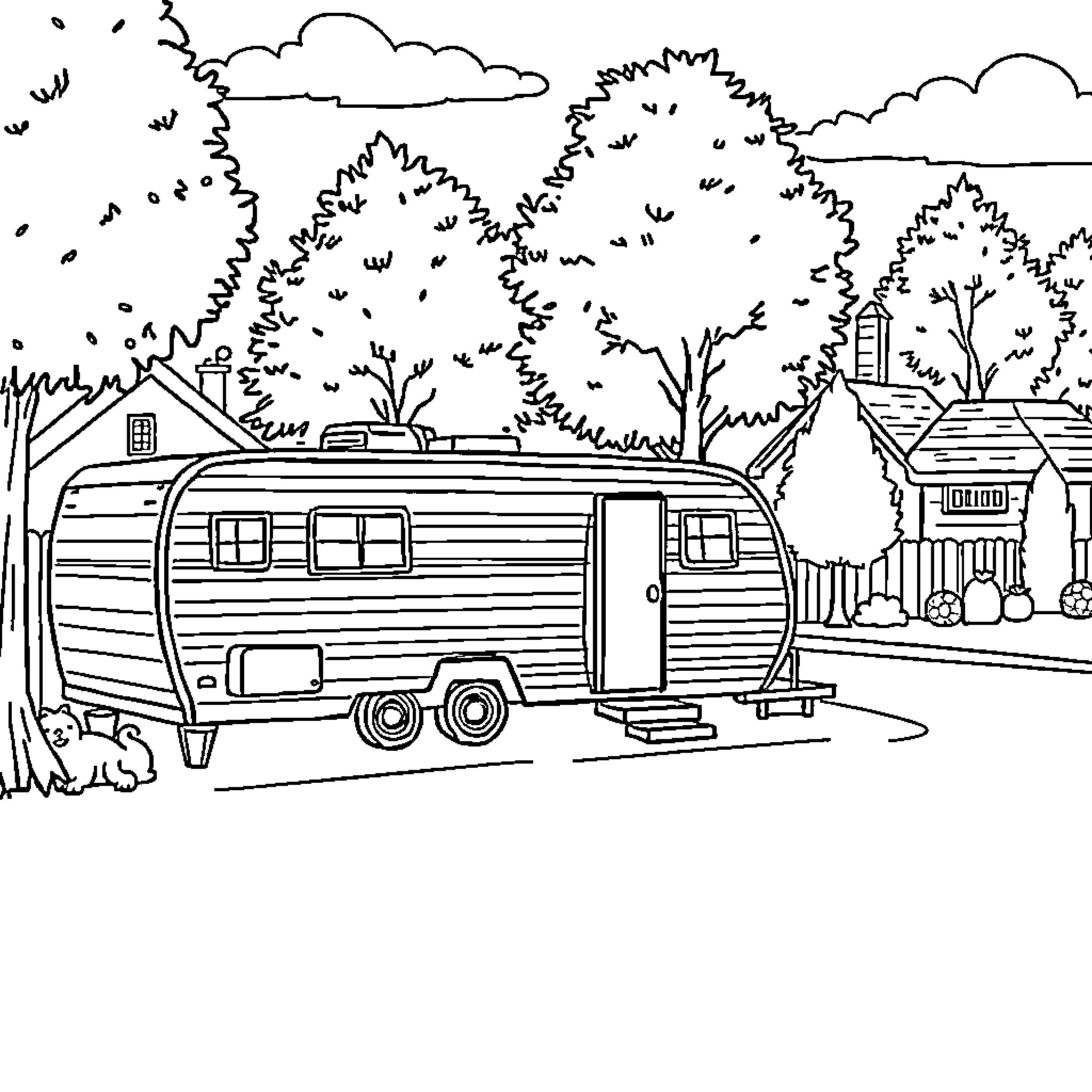 Mobile Home Parked in Peaceful Countryside Coloring Page (free black-and-white line drawing printable PDF for all, from beginners to advanced learners, including children, teens, adults, and seniors)