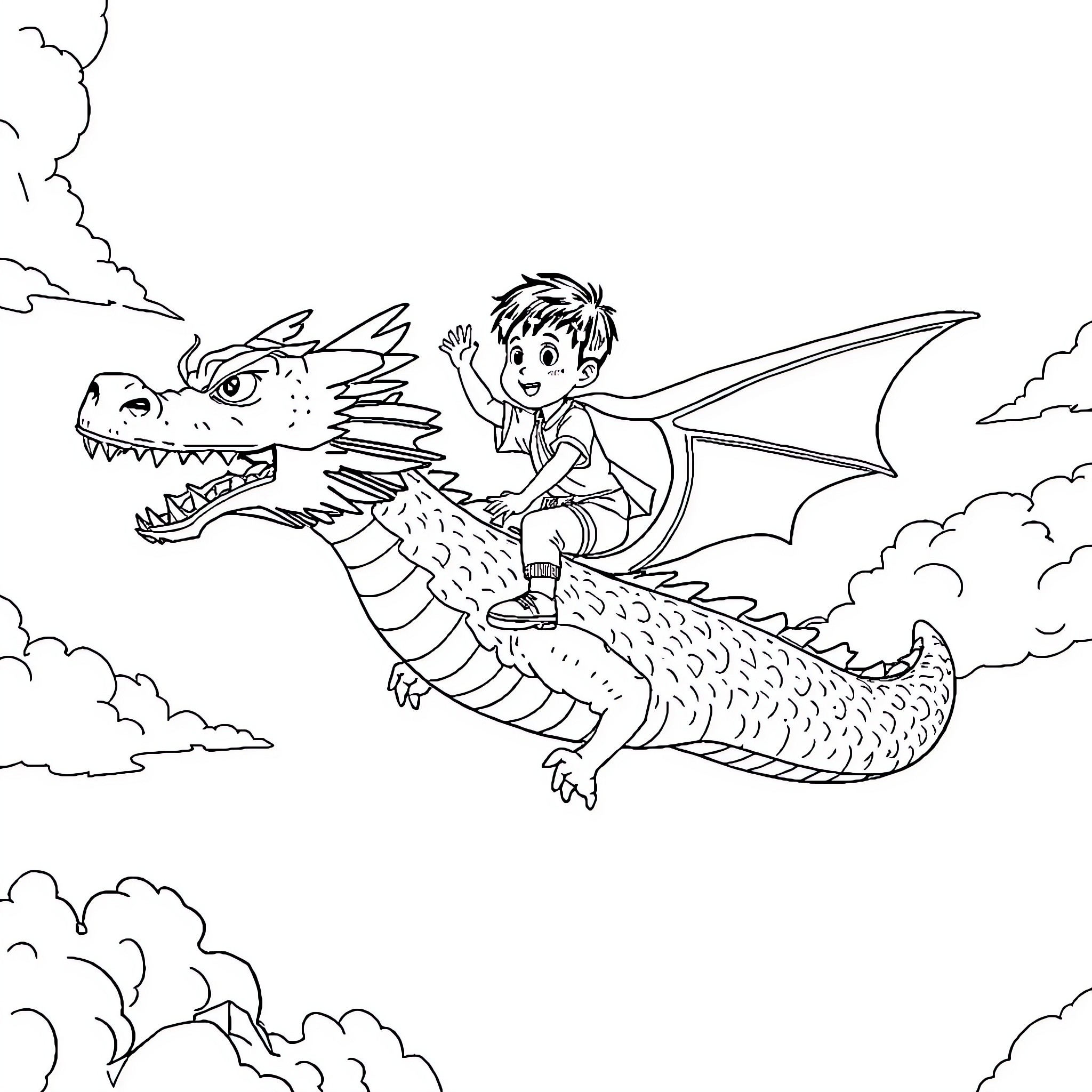 Kid riding magical dragon in the sky Coloring Page (free black-and-white line drawing printable PDF for all, from beginners to advanced learners, including children, teens, adults, and seniors)