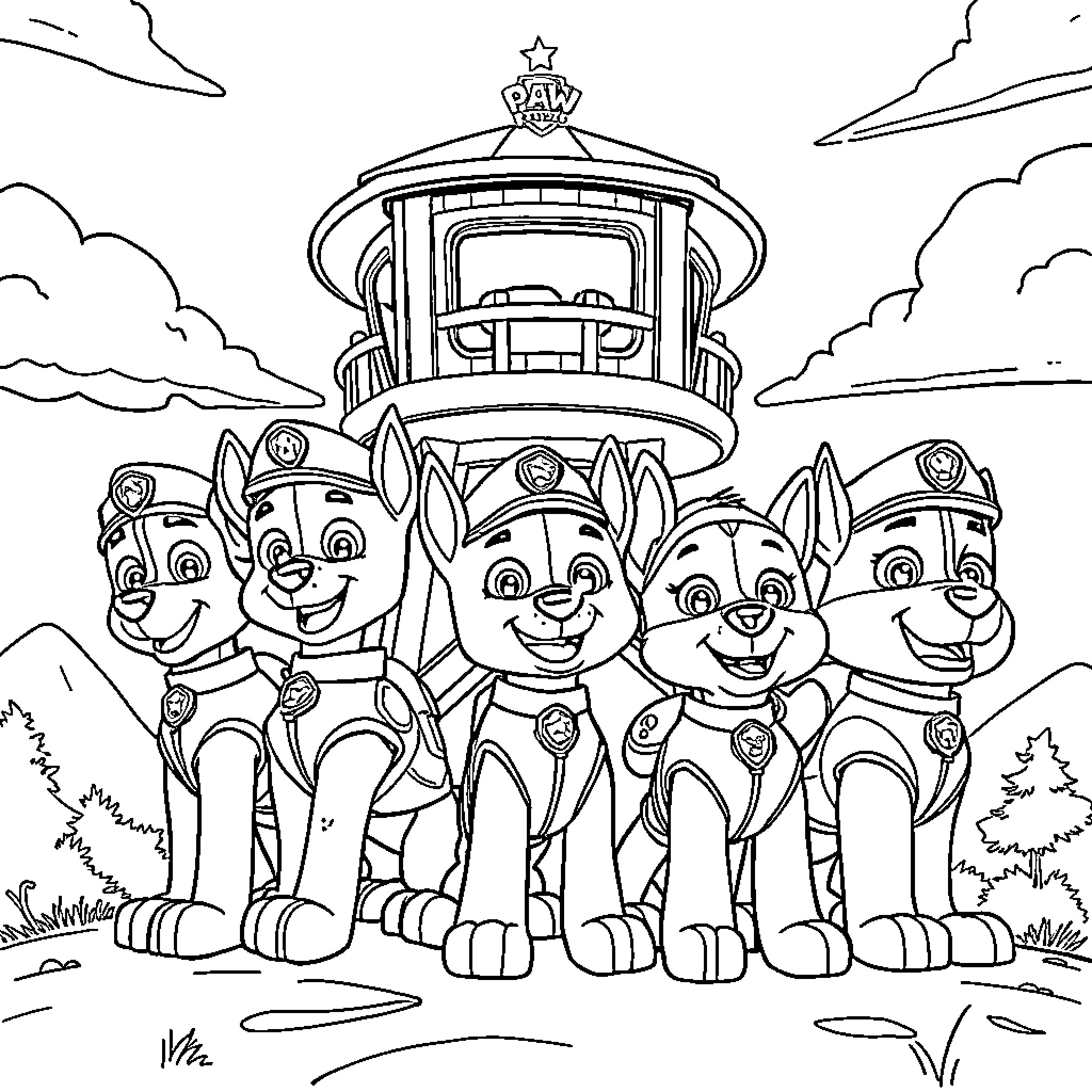 Paw Patrol puppies in an adventurous scene Coloring Page (free black-and-white line drawing printable PDF for all, from beginners to advanced learners, including children, teens, adults, and seniors)