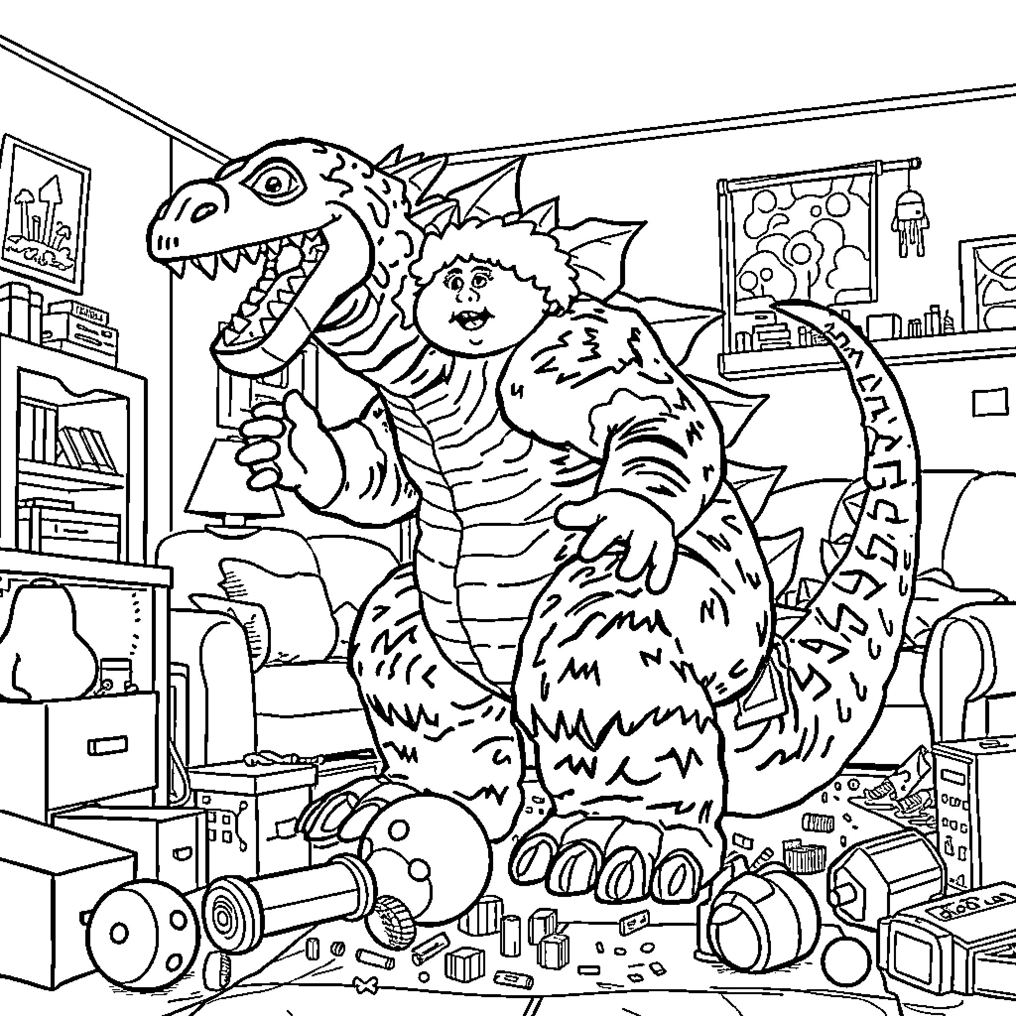 Godzilla wreaking havoc in a messy room filled with toys Coloring Page (free black-and-white line drawing printable PDF for all, from beginners to advanced learners, including children, teens, adults, and seniors)