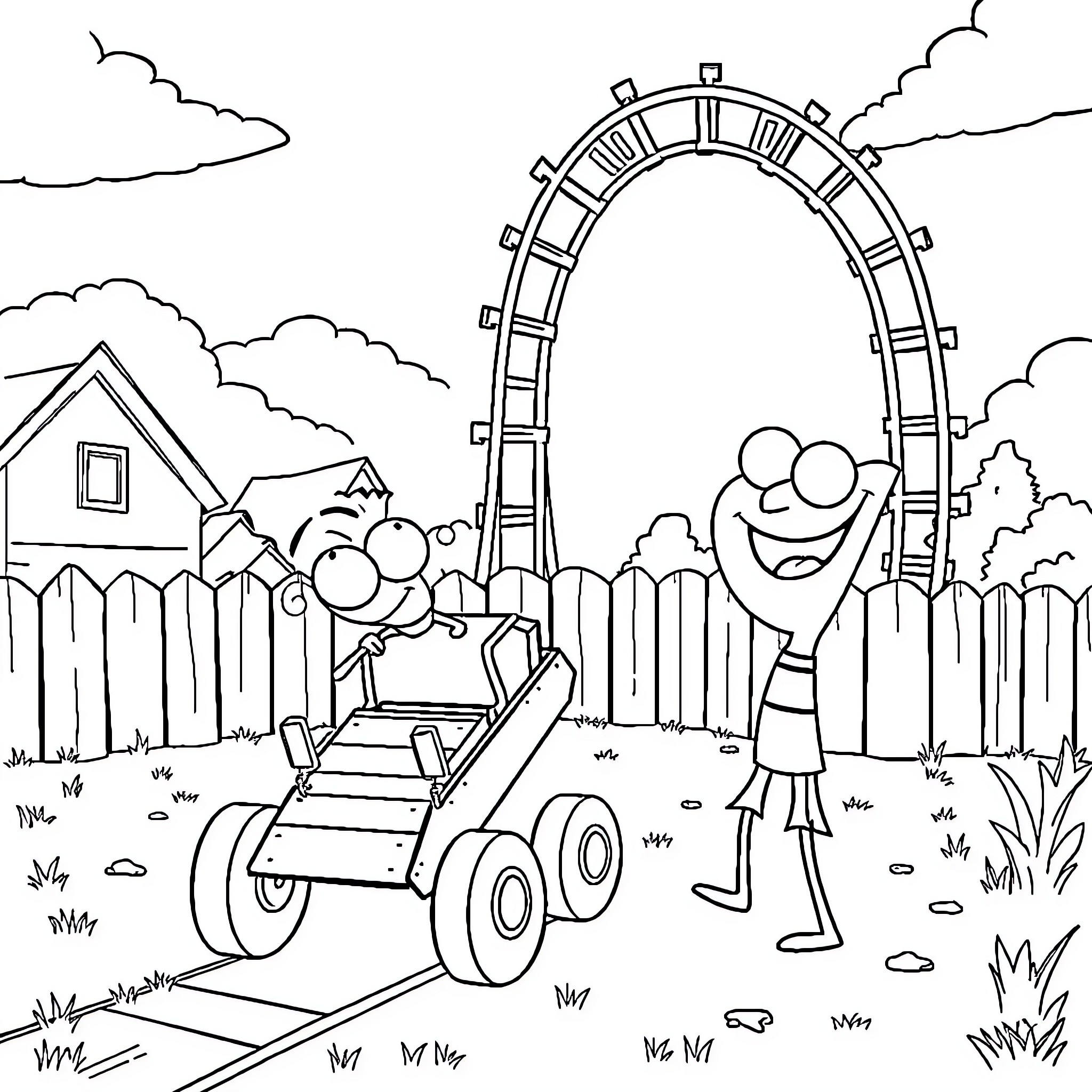 Phineas enjoys a thrilling ride at the amusement park Coloring Page (free black-and-white line drawing printable PDF for all, from beginners to advanced learners, including children, teens, adults, and seniors)