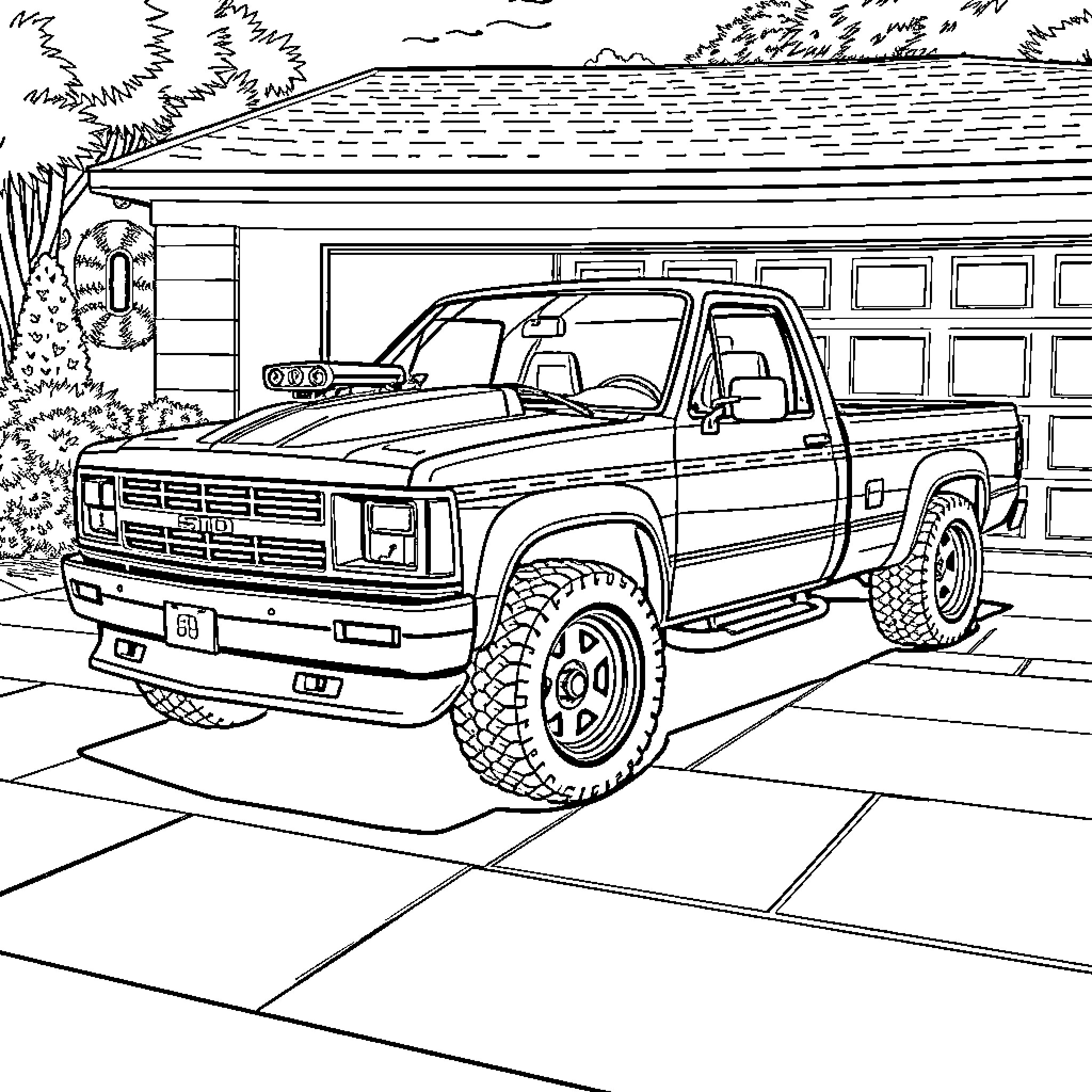 Truck in a Garage Driveway Coloring Page (free black-and-white line drawing printable PDF for all, from beginners to advanced learners, including children, teens, adults, and seniors)