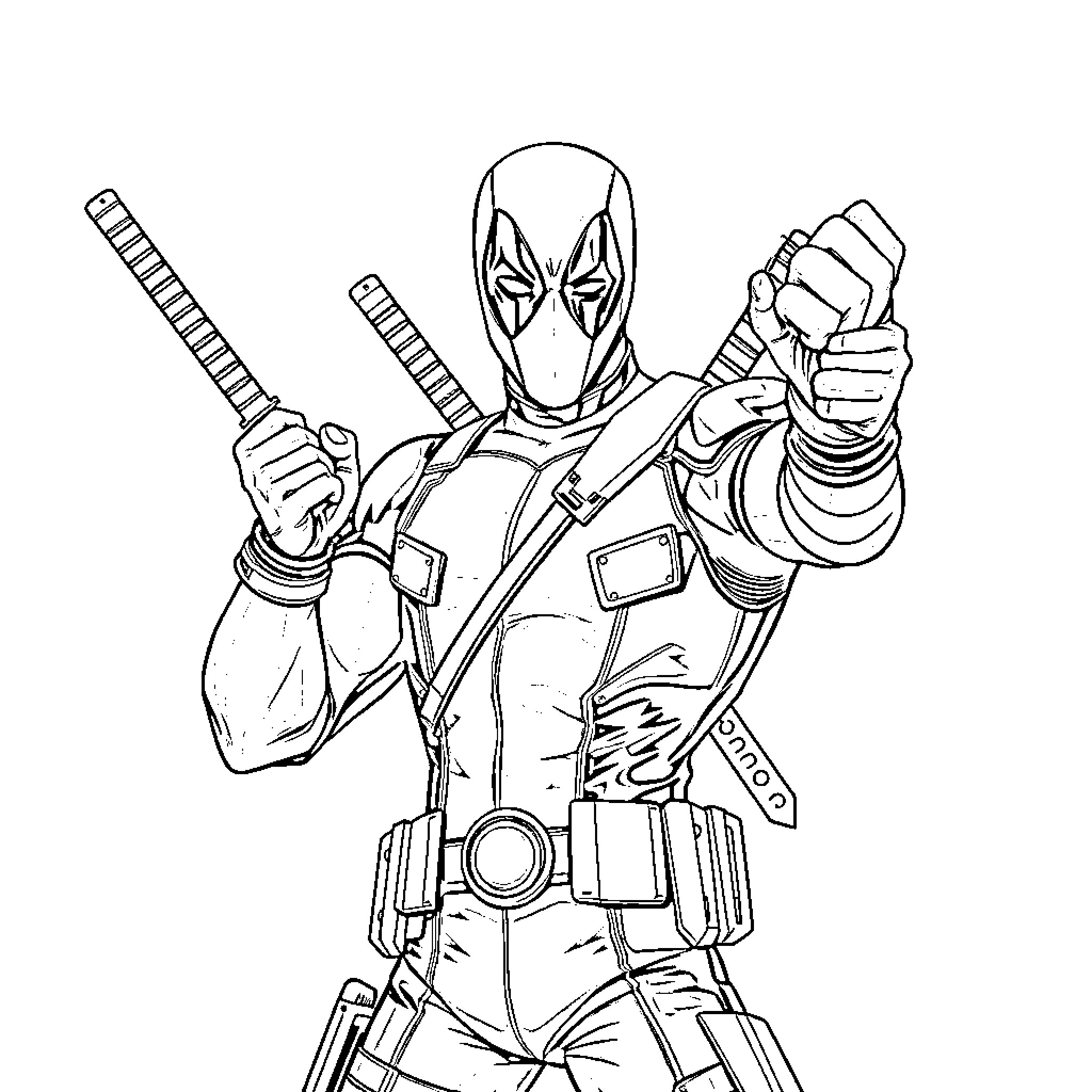 Deadpool's Weaponized Heroism: A Thrilling Encounter Coloring Page (free black-and-white line drawing printable PDF for all, from beginners to advanced learners, including children, teens, adults, and seniors)