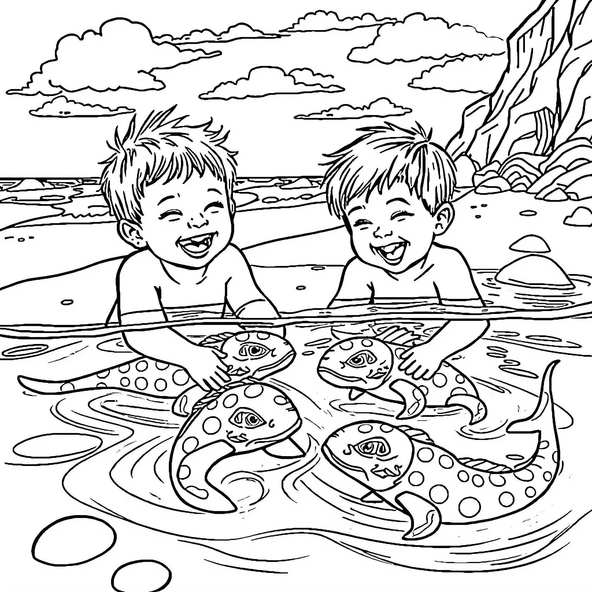 Toddlers splashing joyfully in the ocean with marine creatures Coloring Page (free black-and-white line drawing printable PDF for all, from beginners to advanced learners, including children, teens, adults, and seniors)