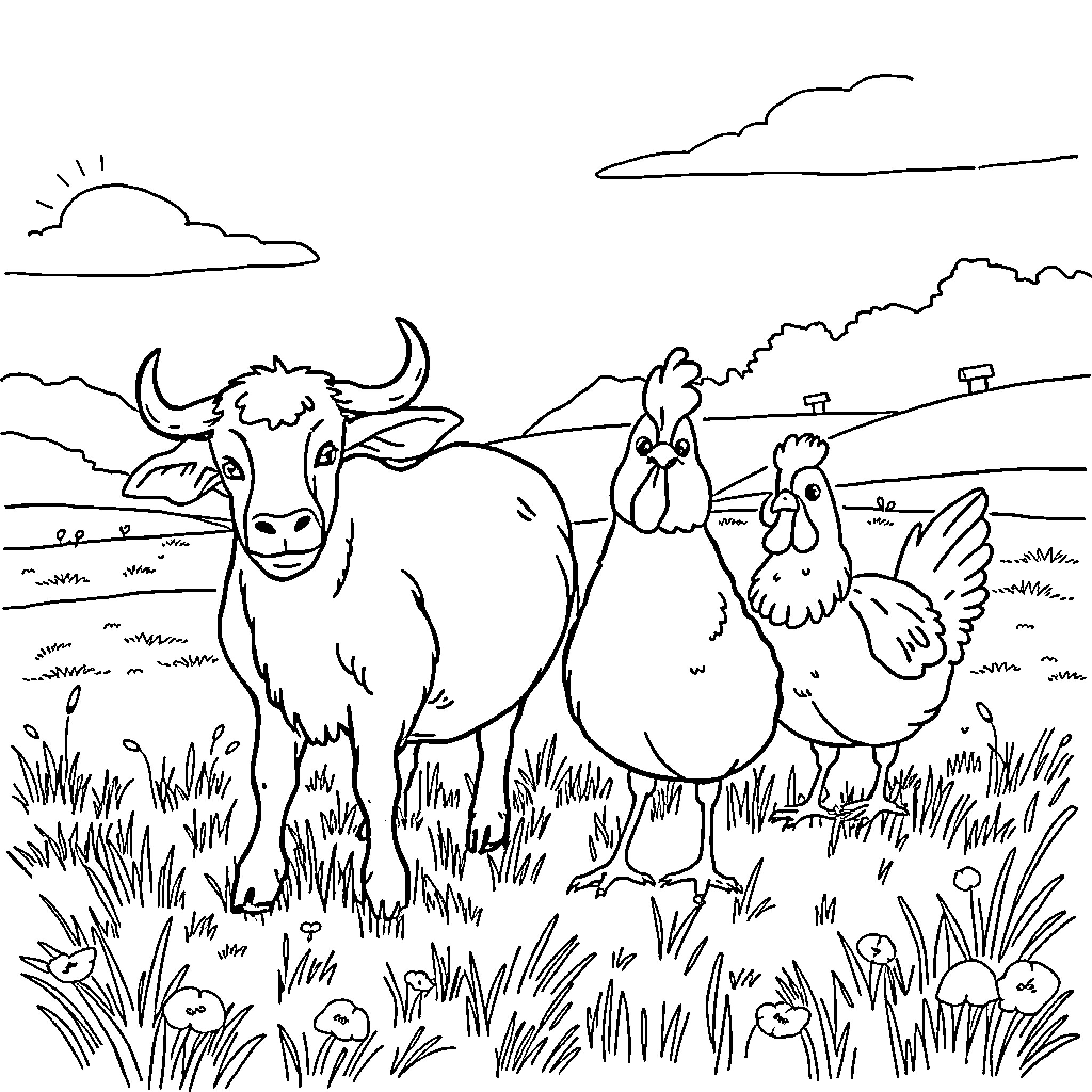 Vaca and farm animals in a peaceful rural scene Coloring Page (free black-and-white line drawing printable PDF for all, from beginners to advanced learners, including children, teens, adults, and seniors)