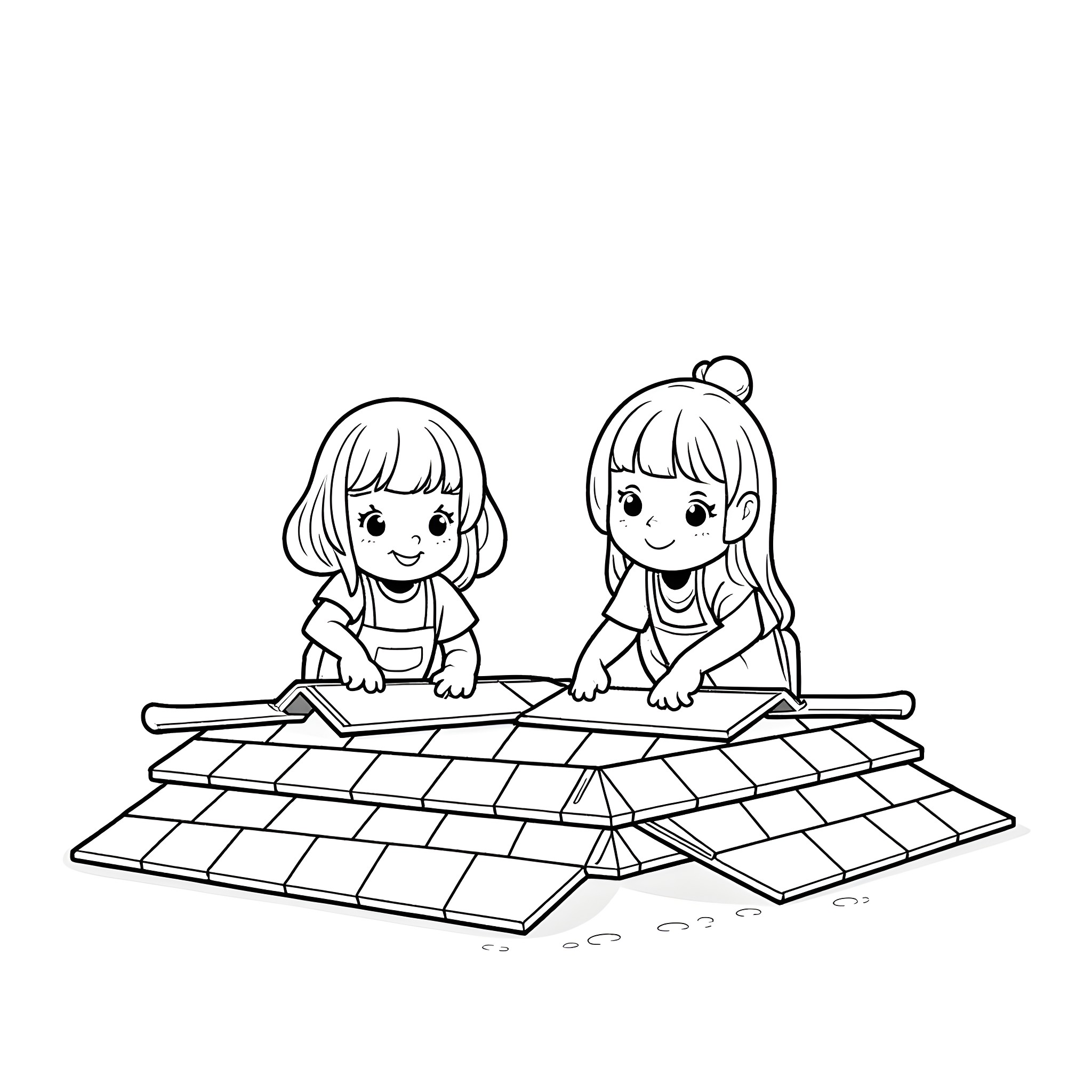 Women working together on a tiled floor Coloring Page (free black-and-white line drawing printable PDF for all, from beginners to advanced learners, including children, teens, adults, and seniors)
