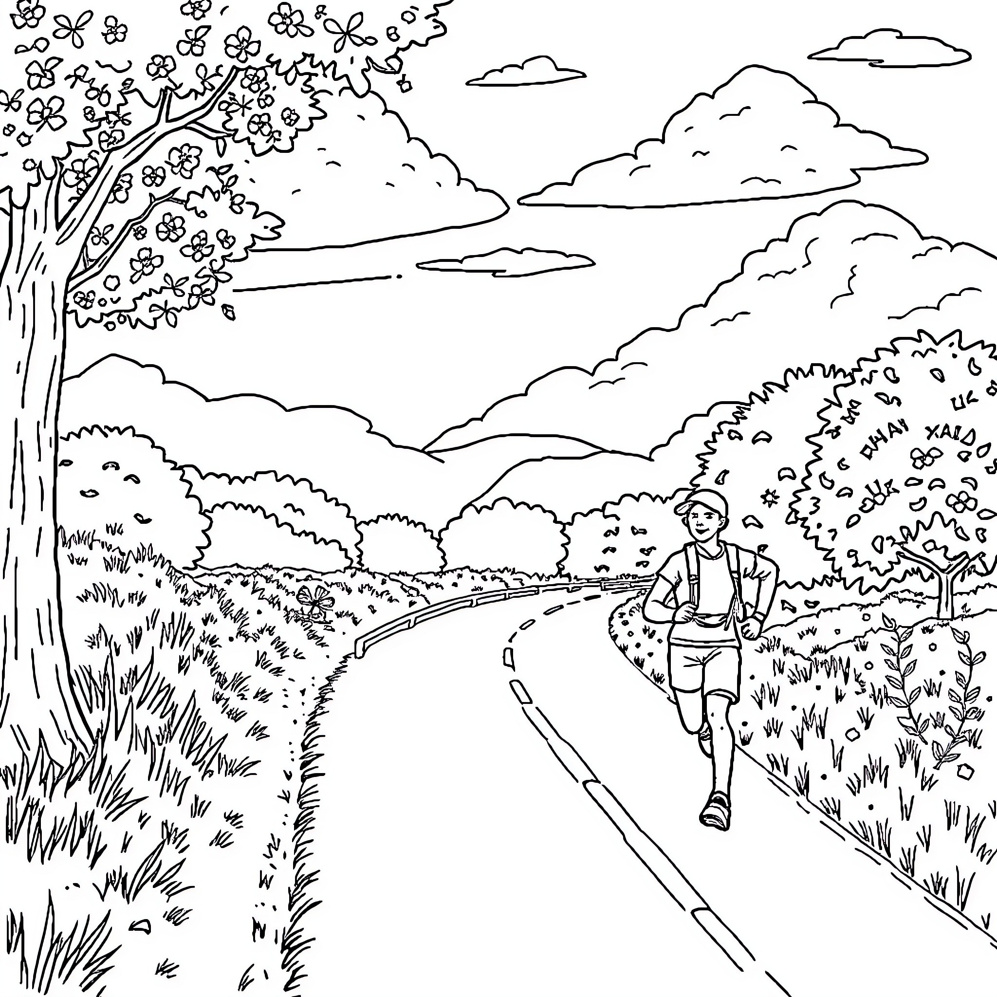 Phrases depicting a person jogging in a scenic outdoor landscape Coloring Page (free black-and-white line drawing printable PDF for all, from beginners to advanced learners, including children, teens, adults, and seniors)
