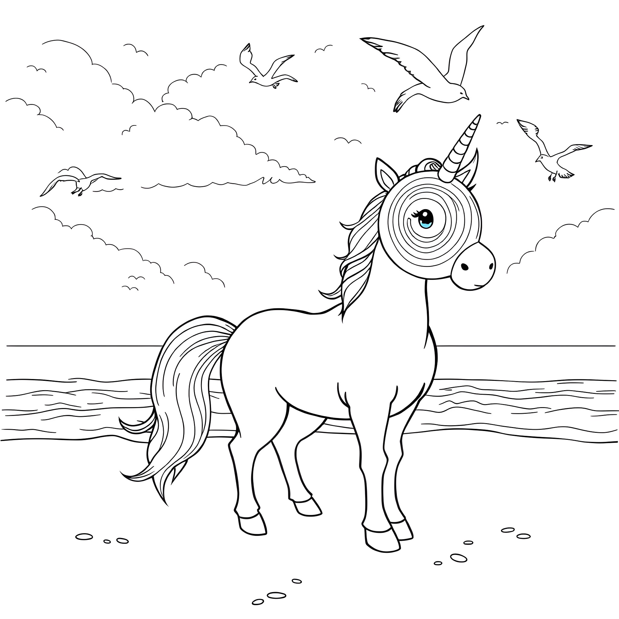 Unicorn Standing on the Beach with Seagulls Coloring Page (free black-and-white line drawing printable PDF for all, from beginners to advanced learners, including children, teens, adults, and seniors)