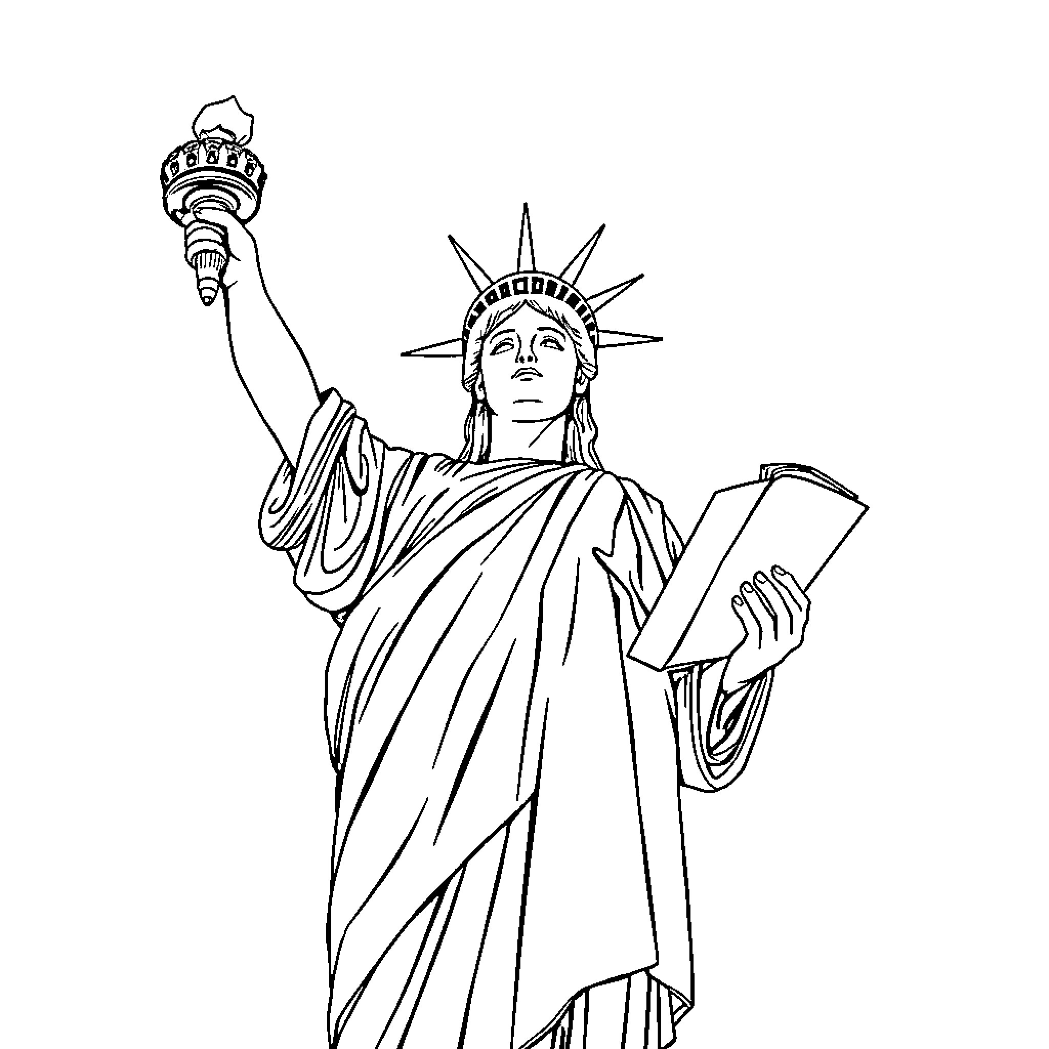 Statue Of Liberty holding book and torch Coloring Page (free black-and-white line drawing printable PDF for all, from beginners to advanced learners, including children, teens, adults, and seniors)