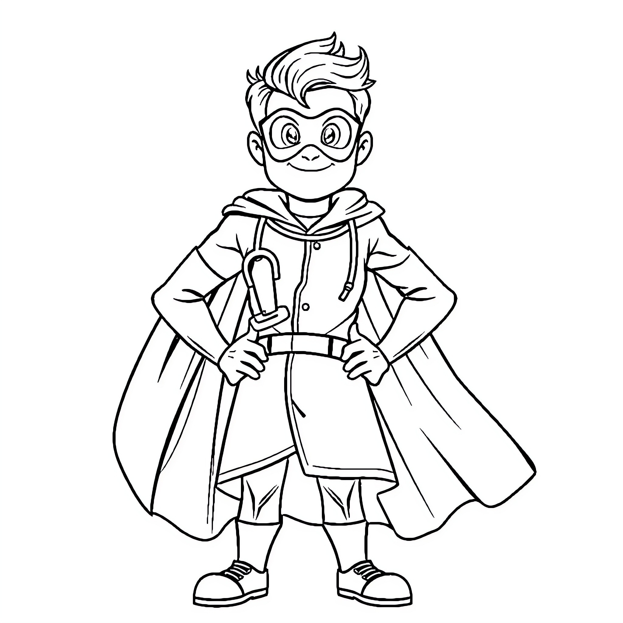 Superhero Kid in Heroic Pose with Cape Coloring Page (free black-and-white line drawing printable PDF for all, from beginners to advanced learners, including children, teens, adults, and seniors)