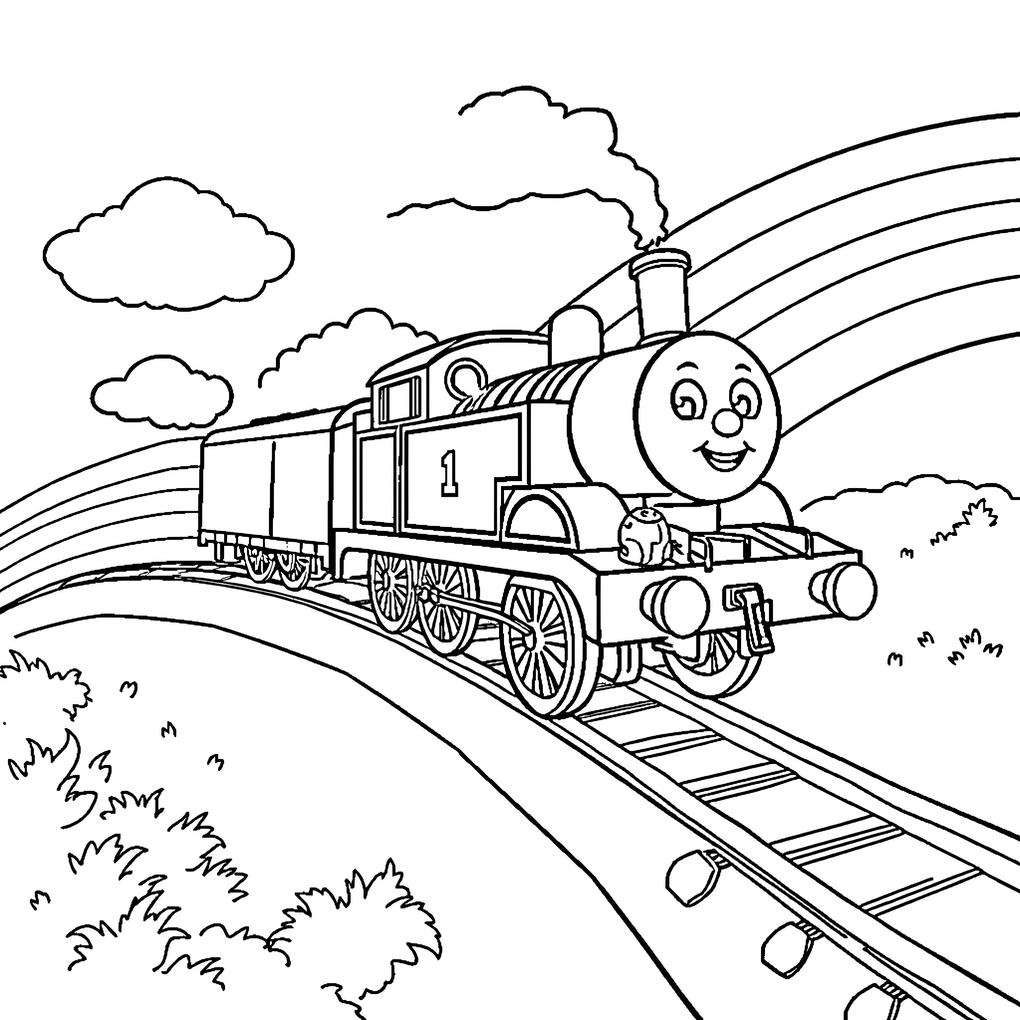 Train Traveling Happily on Tracks through Scenic Landscape Coloring Page (free black-and-white line drawing printable PDF for all, from beginners to advanced learners, including children, teens, adults, and seniors)