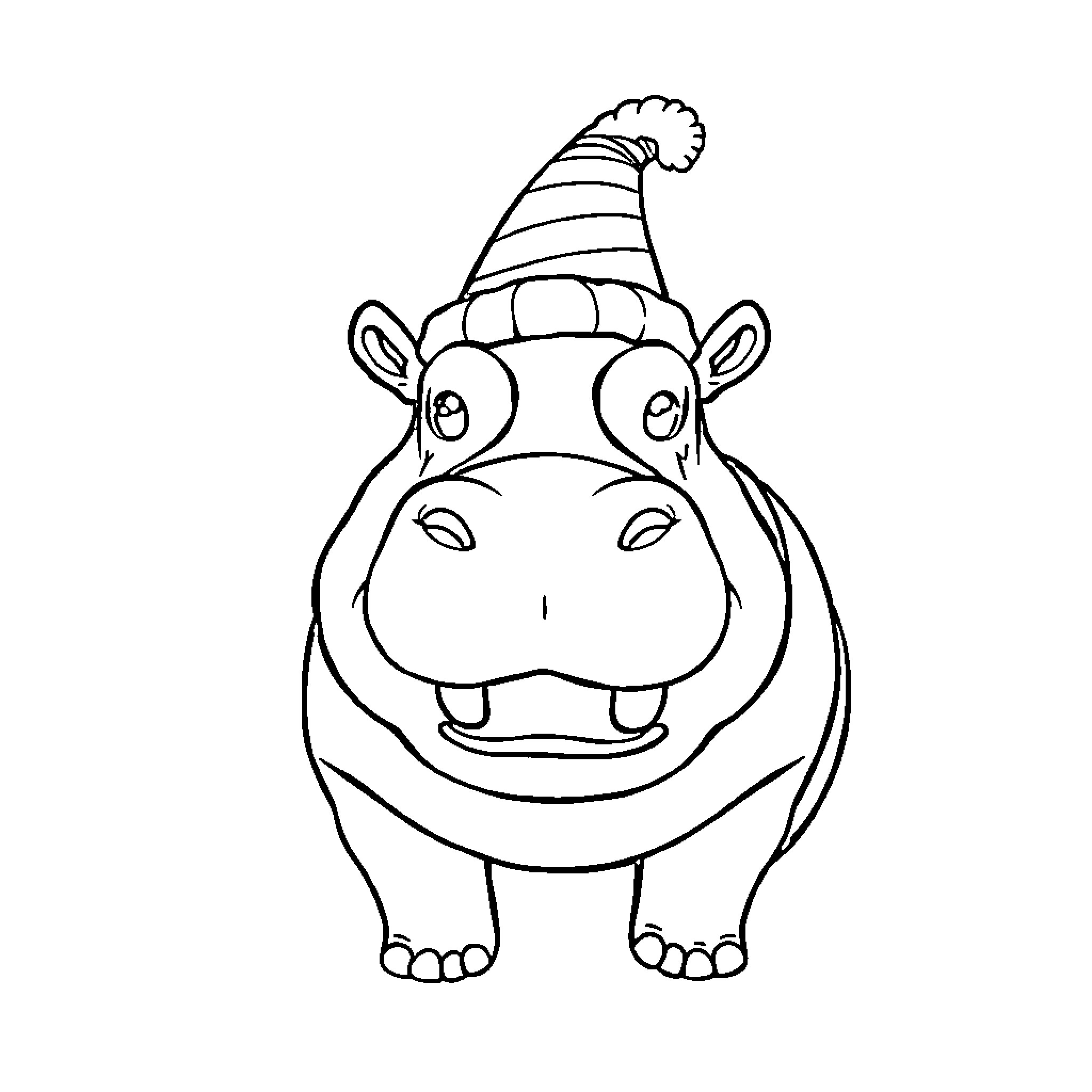 Hippo wearing a festive hat Coloring Page (free black-and-white line drawing printable PDF for all, from beginners to advanced learners, including children, teens, adults, and seniors)
