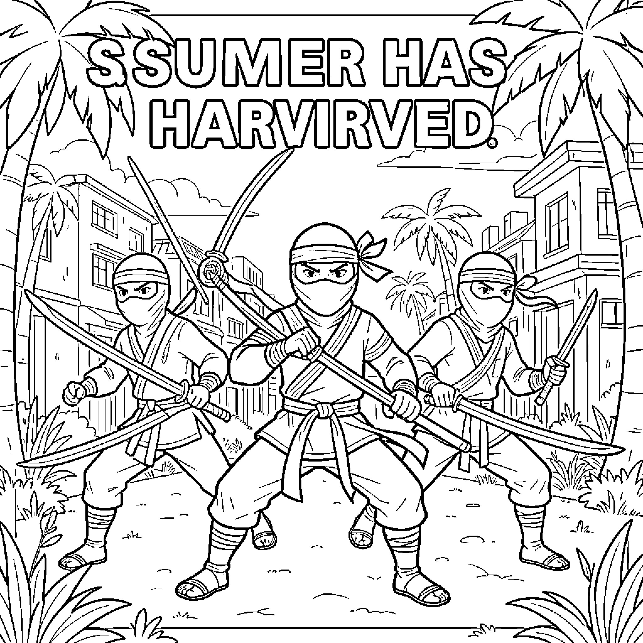 Ninja warriors wielding swords in a tropical village Coloring Page (free black-and-white line drawing printable PDF for all, from beginners to advanced learners, including children, teens, adults, and seniors)