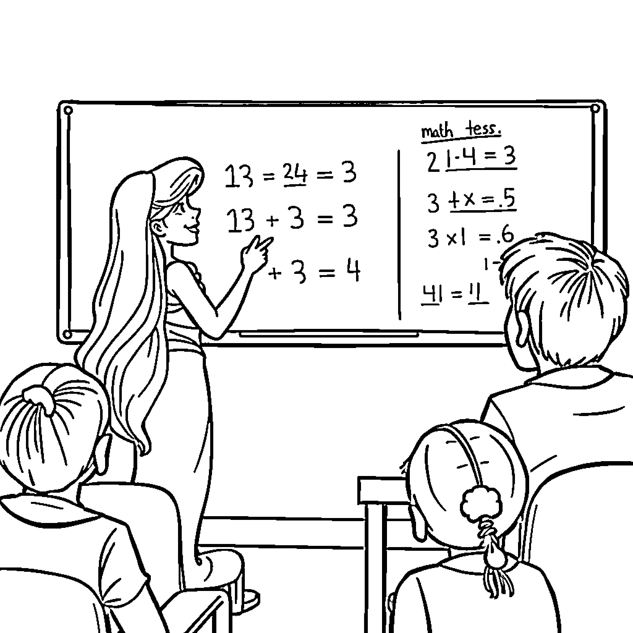 Ariel Teaching Math to Students in Classroom Coloring Page (free black-and-white line drawing printable PDF for all, from beginners to advanced learners, including children, teens, adults, and seniors)