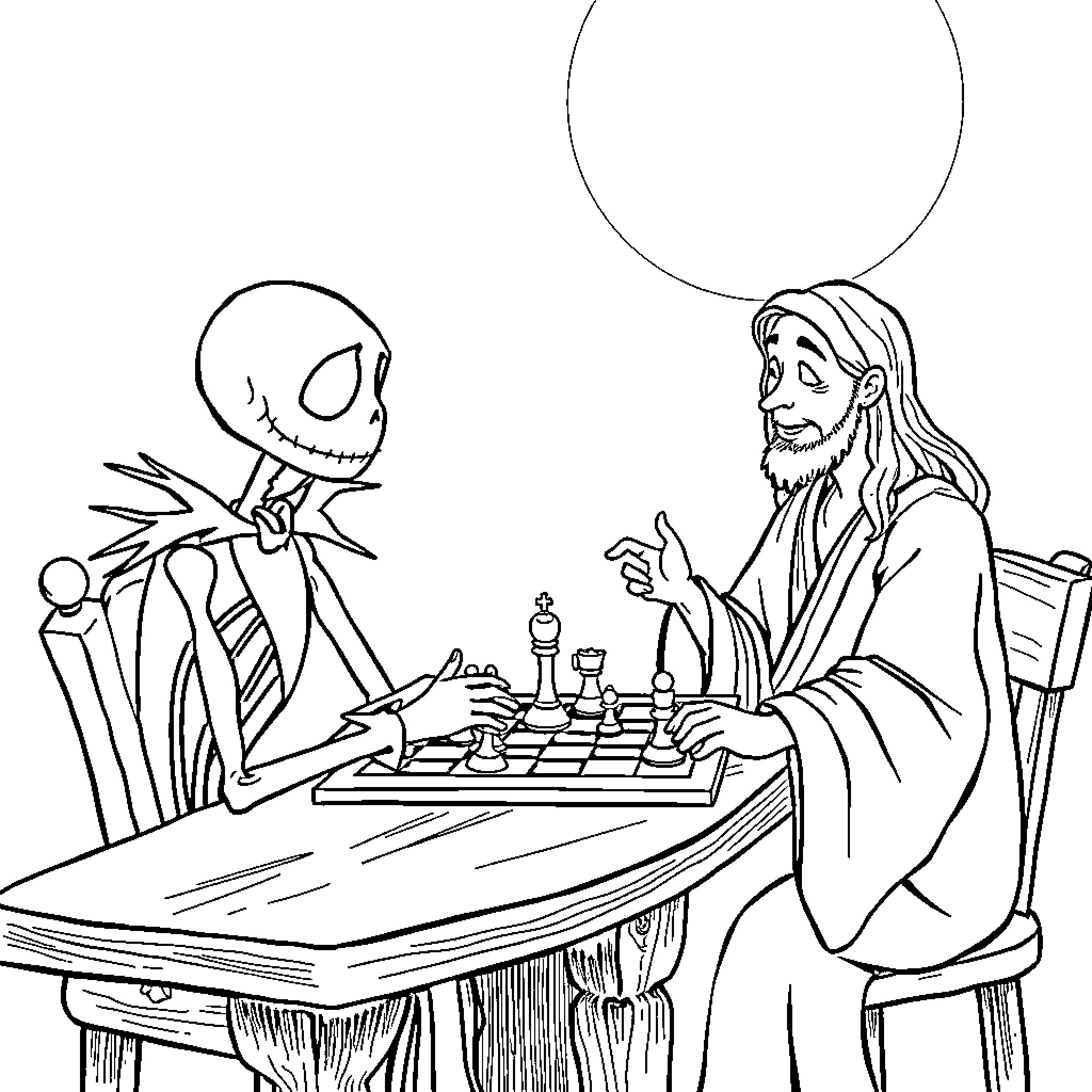 Jack Skellington playing chess with a robed figure Coloring Page (free black-and-white line drawing printable PDF for all, from beginners to advanced learners, including children, teens, adults, and seniors)