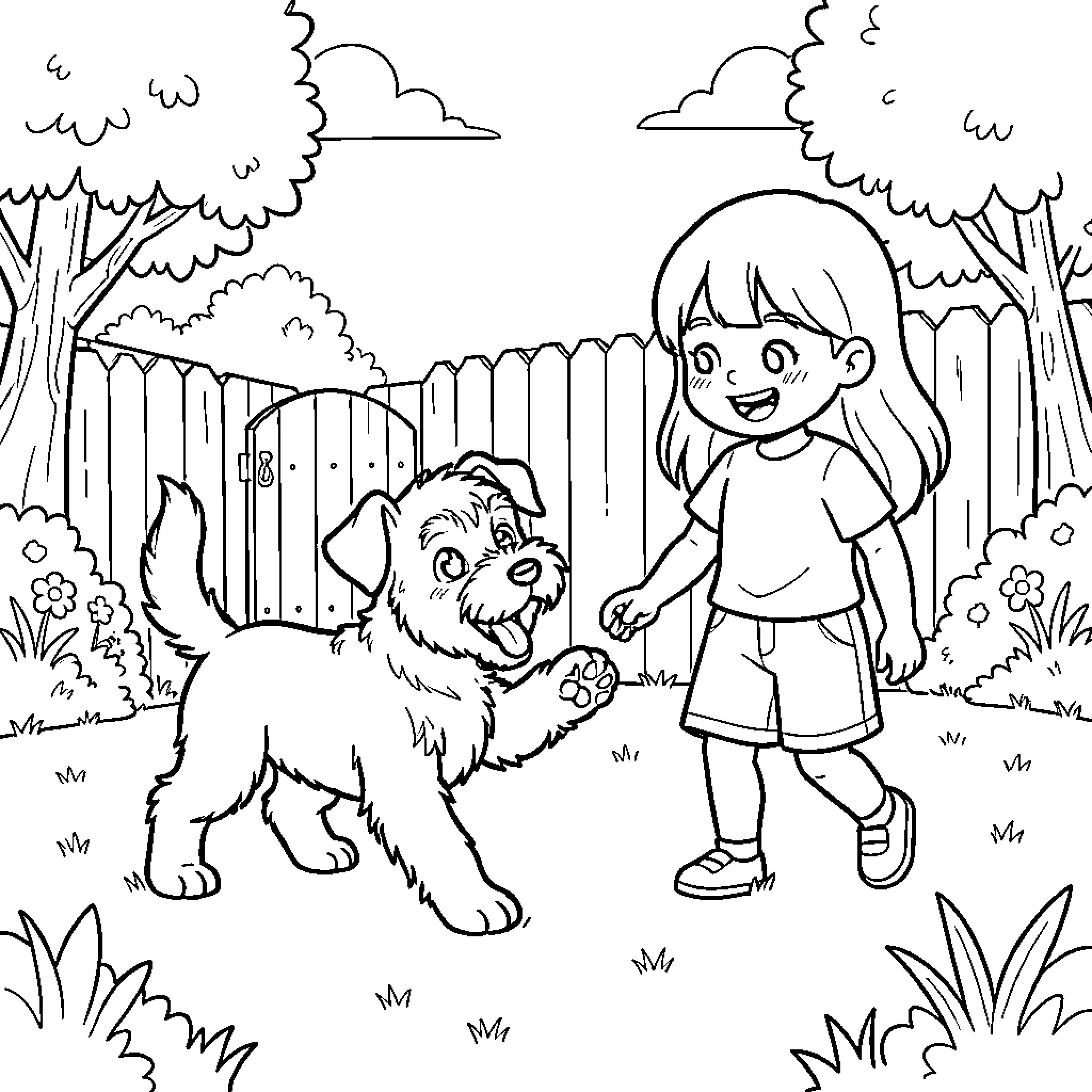 Schnauzer playing happily with a young girl in the park Coloring Page (free black-and-white line drawing printable PDF for all, from beginners to advanced learners, including children, teens, adults, and seniors)