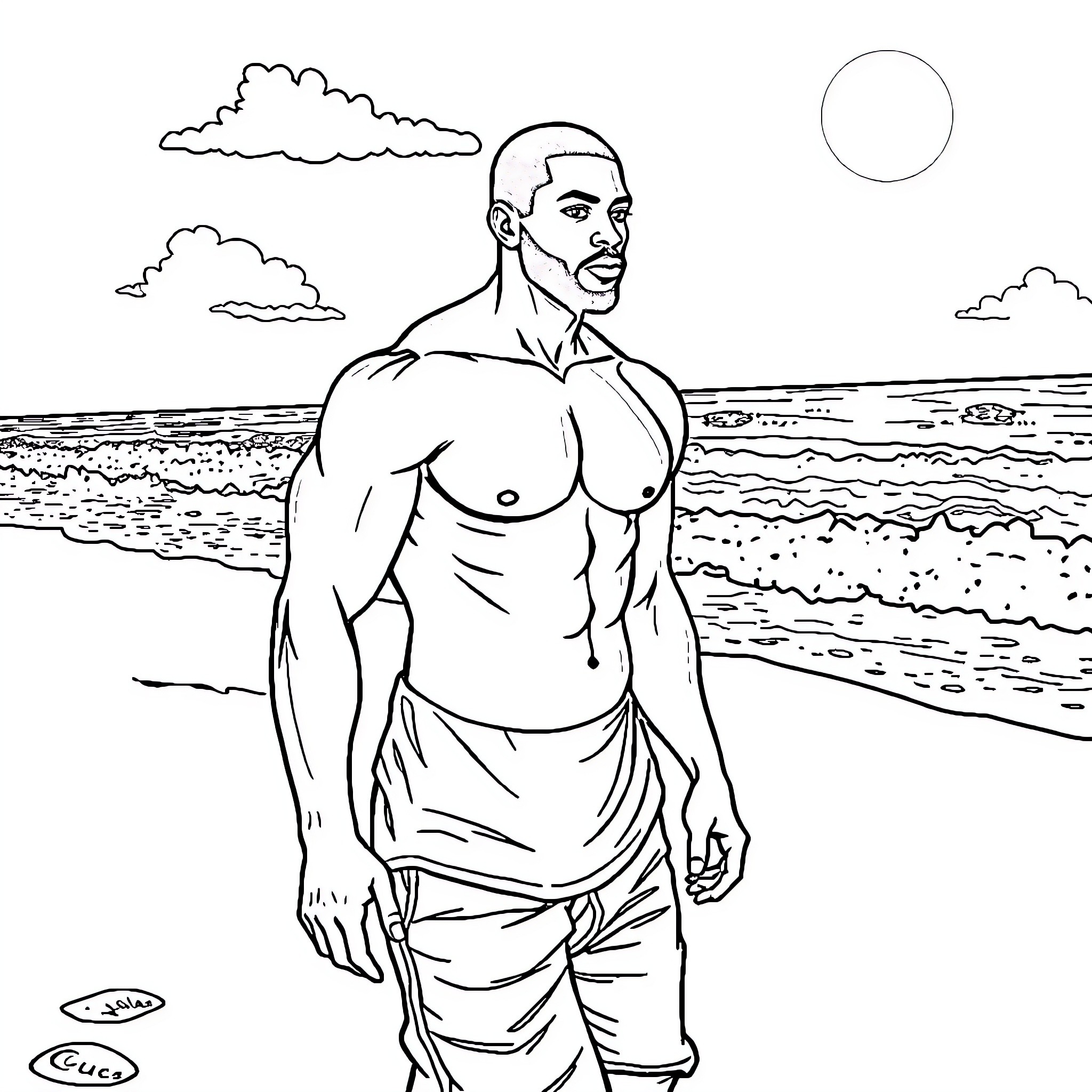 Man standing shirtless on the beach Coloring Page (free black-and-white line drawing printable PDF for all, from beginners to advanced learners, including children, teens, adults, and seniors)
