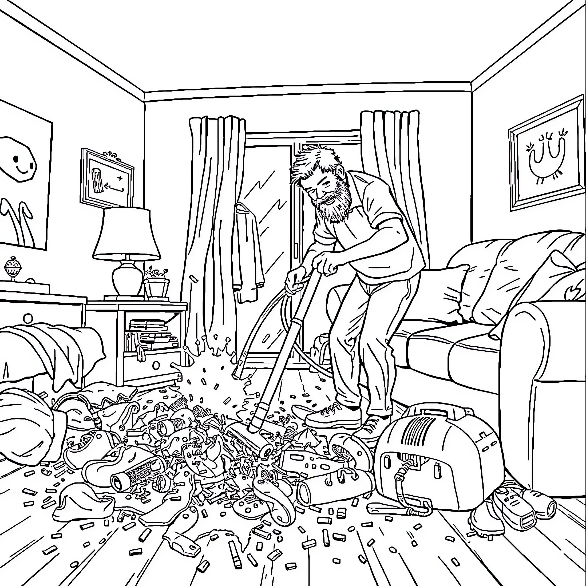 Fred Durst Cleaning Up Messy Room With Vacuum Coloring Page (free black-and-white line drawing printable PDF for all, from beginners to advanced learners, including children, teens, adults, and seniors)