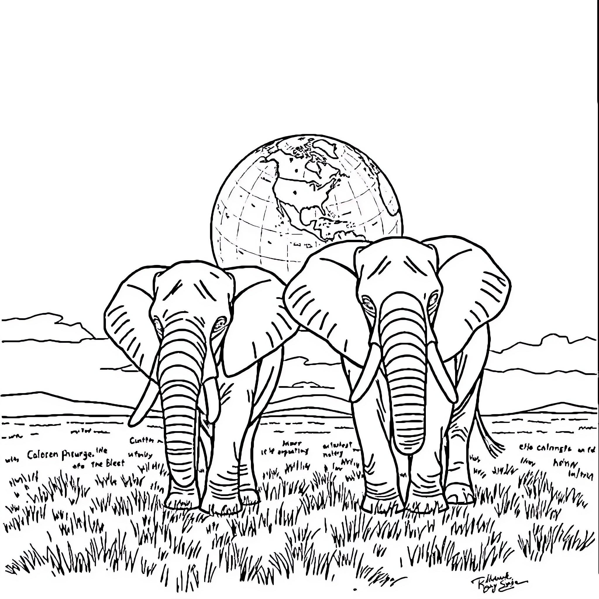 Elephant family walking in the grasslands Coloring Page (free black-and-white line drawing printable PDF for all, from beginners to advanced learners, including children, teens, adults, and seniors)