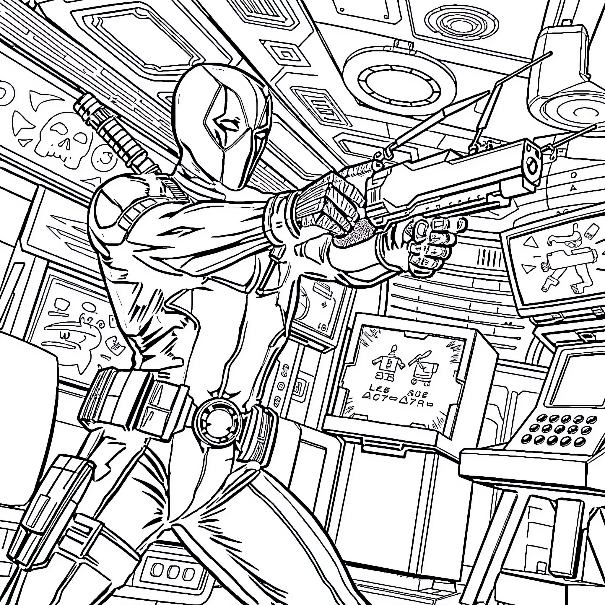 Deadpool in Action-Packed Futuristic Environment Coloring Page (free black-and-white line drawing printable PDF for all, from beginners to advanced learners, including children, teens, adults, and seniors)