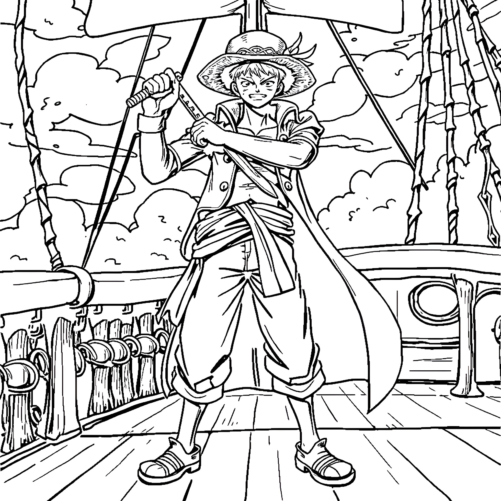 Zoro the Pirate Swordsman in Action Coloring Page (free black-and-white line drawing printable PDF for all, from beginners to advanced learners, including children, teens, adults, and seniors)