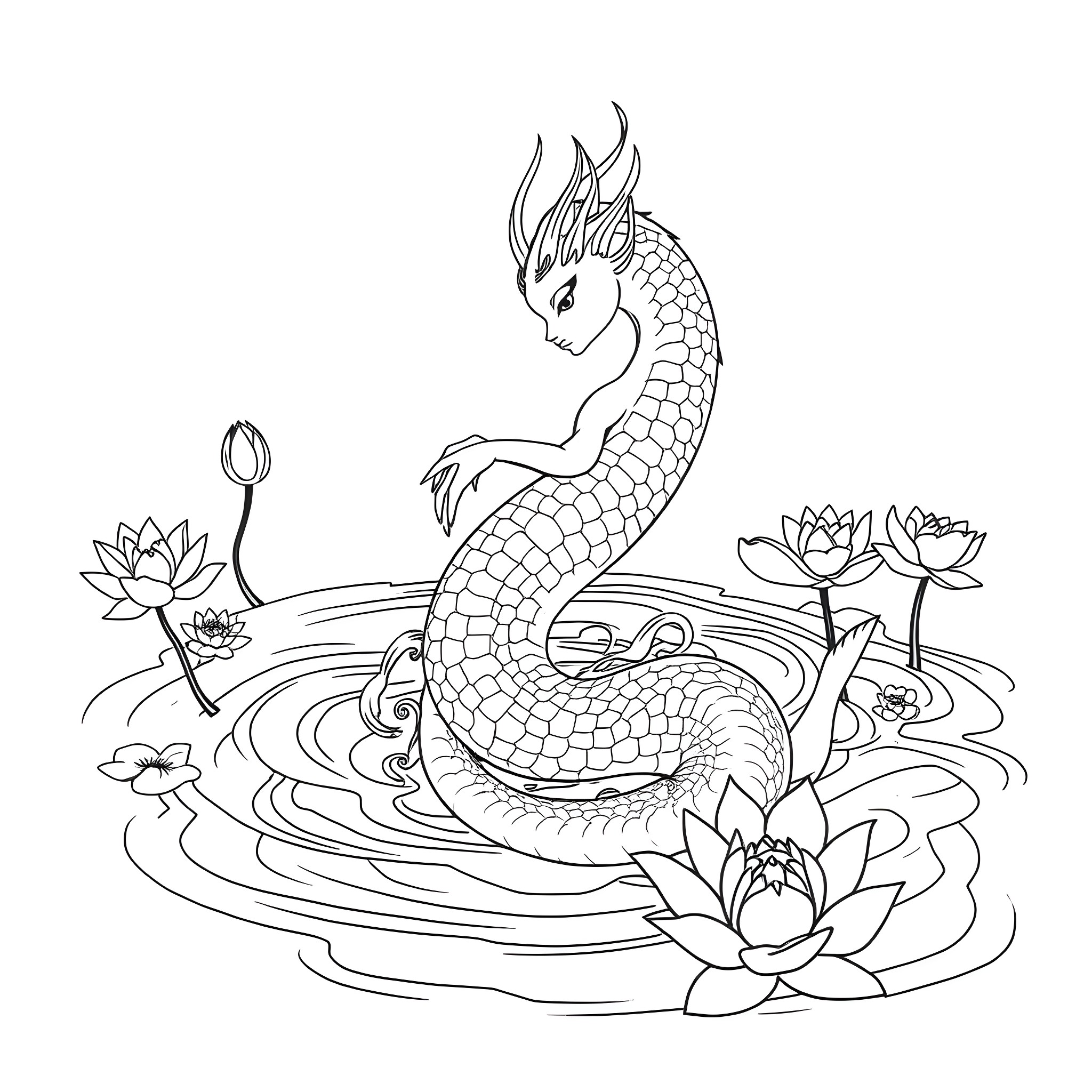 Mishipeshu swimming gracefully among lotus flowers Coloring Page (free black-and-white line drawing printable PDF for all, from beginners to advanced learners, including children, teens, adults, and seniors)