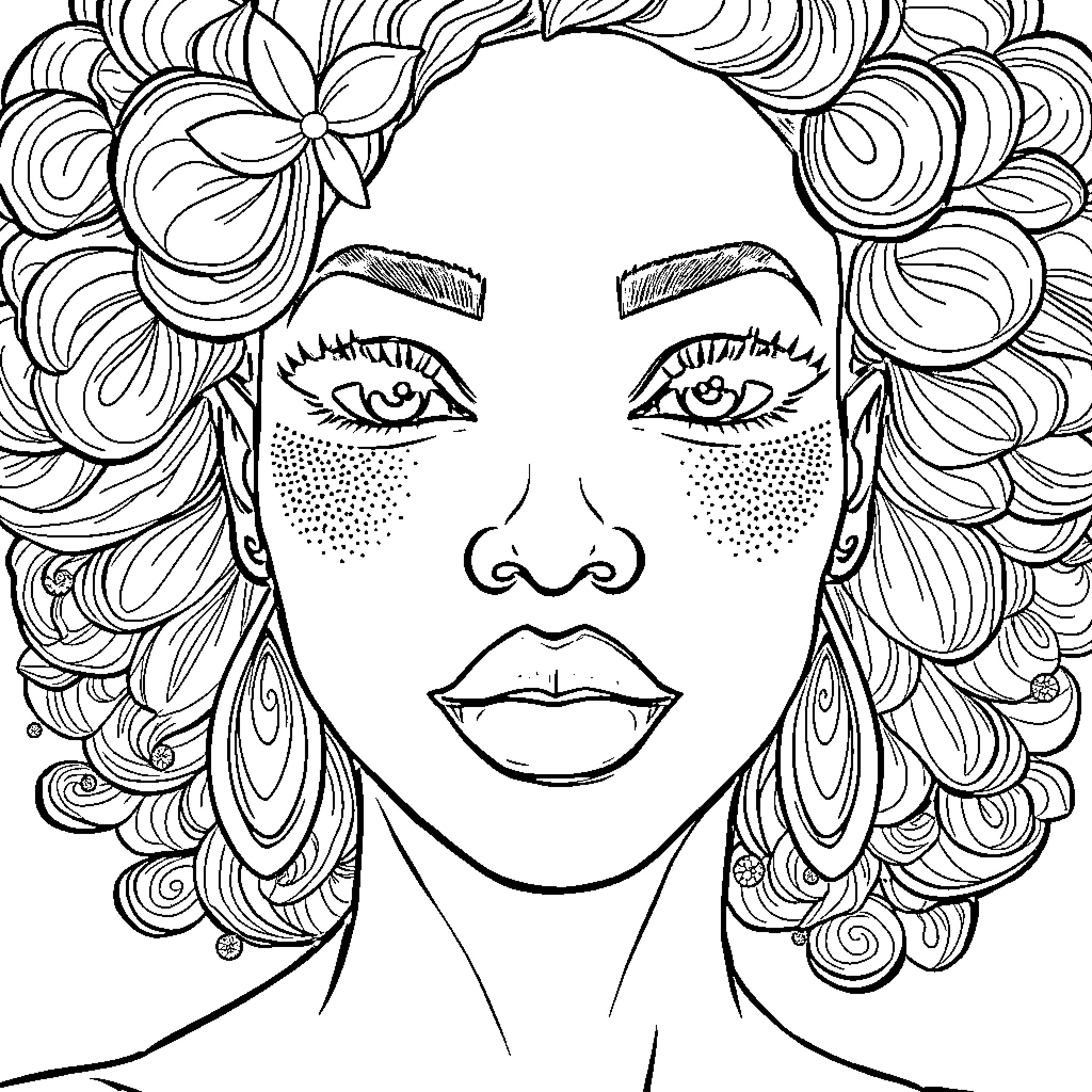 Woman with intricate hairstyle and expressive face Coloring Page (free black-and-white line drawing printable PDF for all, from beginners to advanced learners, including children, teens, adults, and seniors)