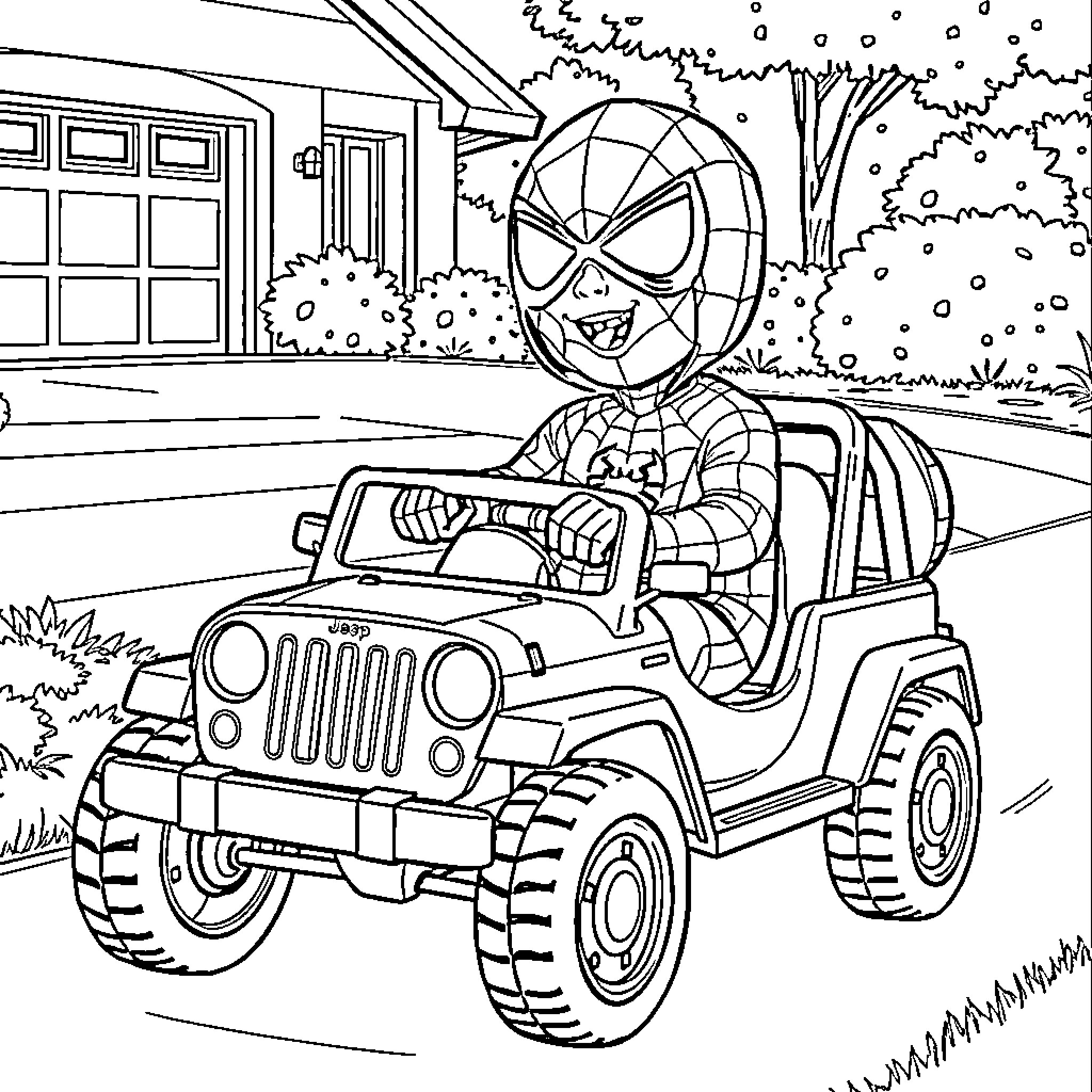 Boy exploring the neighborhood in a jeep Coloring Page (free black-and-white line drawing printable PDF for all, from beginners to advanced learners, including children, teens, adults, and seniors)