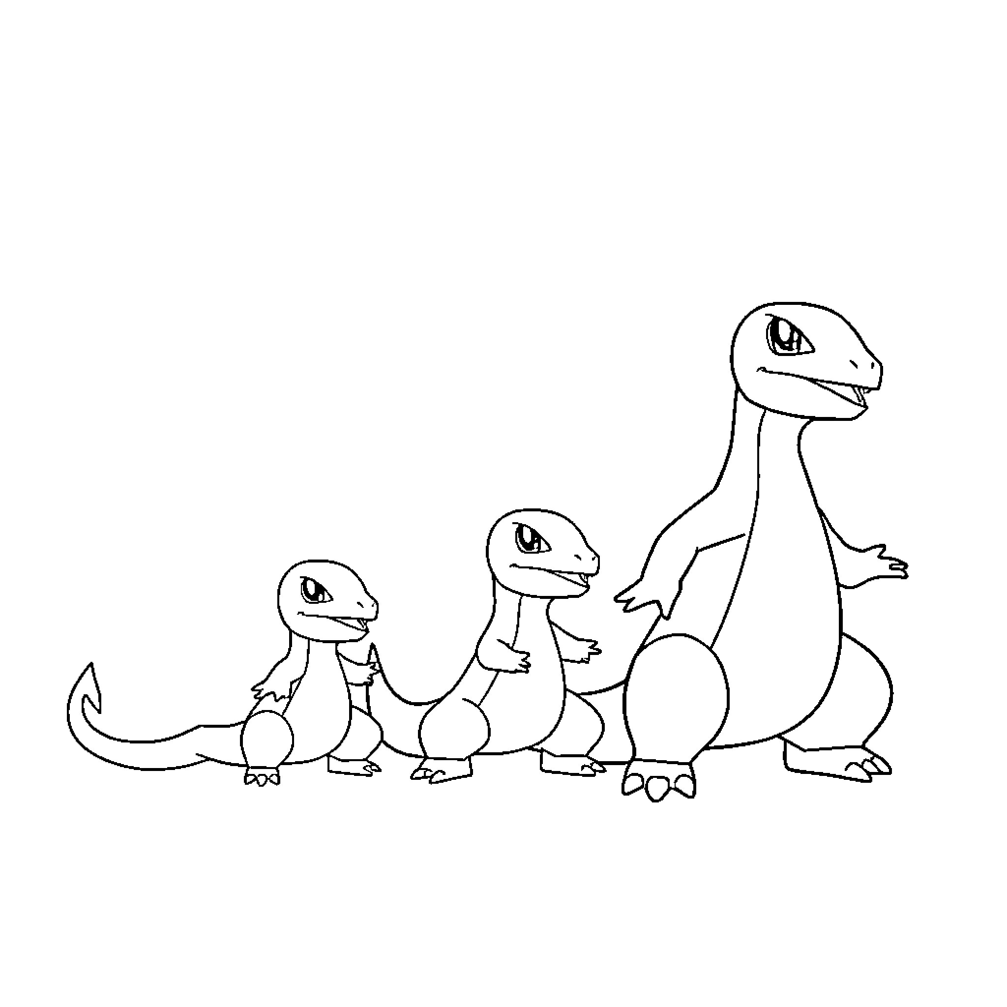 Charmander family enjoying a playful moment Coloring Page (free black-and-white line drawing printable PDF for all, from beginners to advanced learners, including children, teens, adults, and seniors)