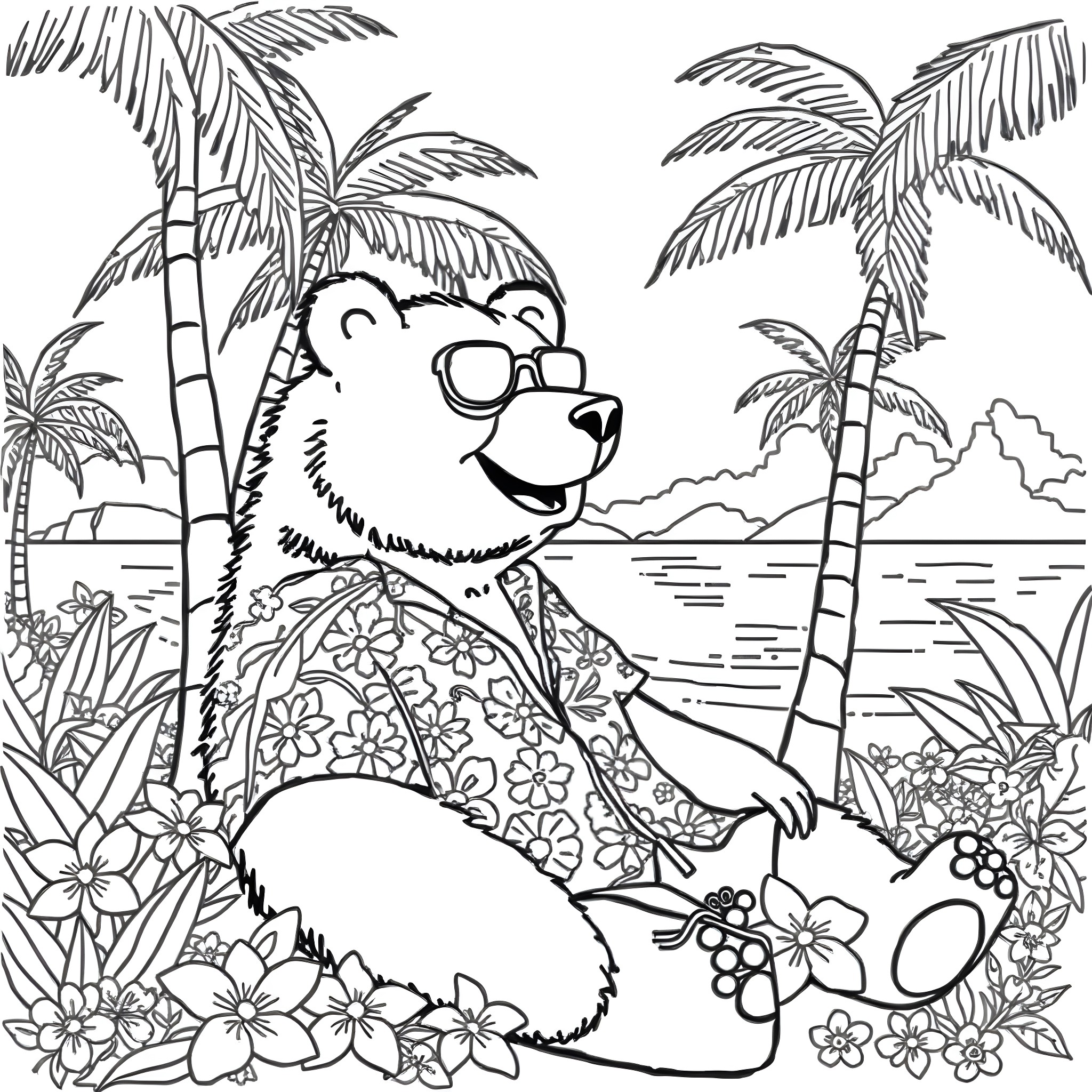 Bear enjoying a tropical beach scene Coloring Page (free black-and-white line drawing printable PDF for all, from beginners to advanced learners, including children, teens, adults, and seniors)