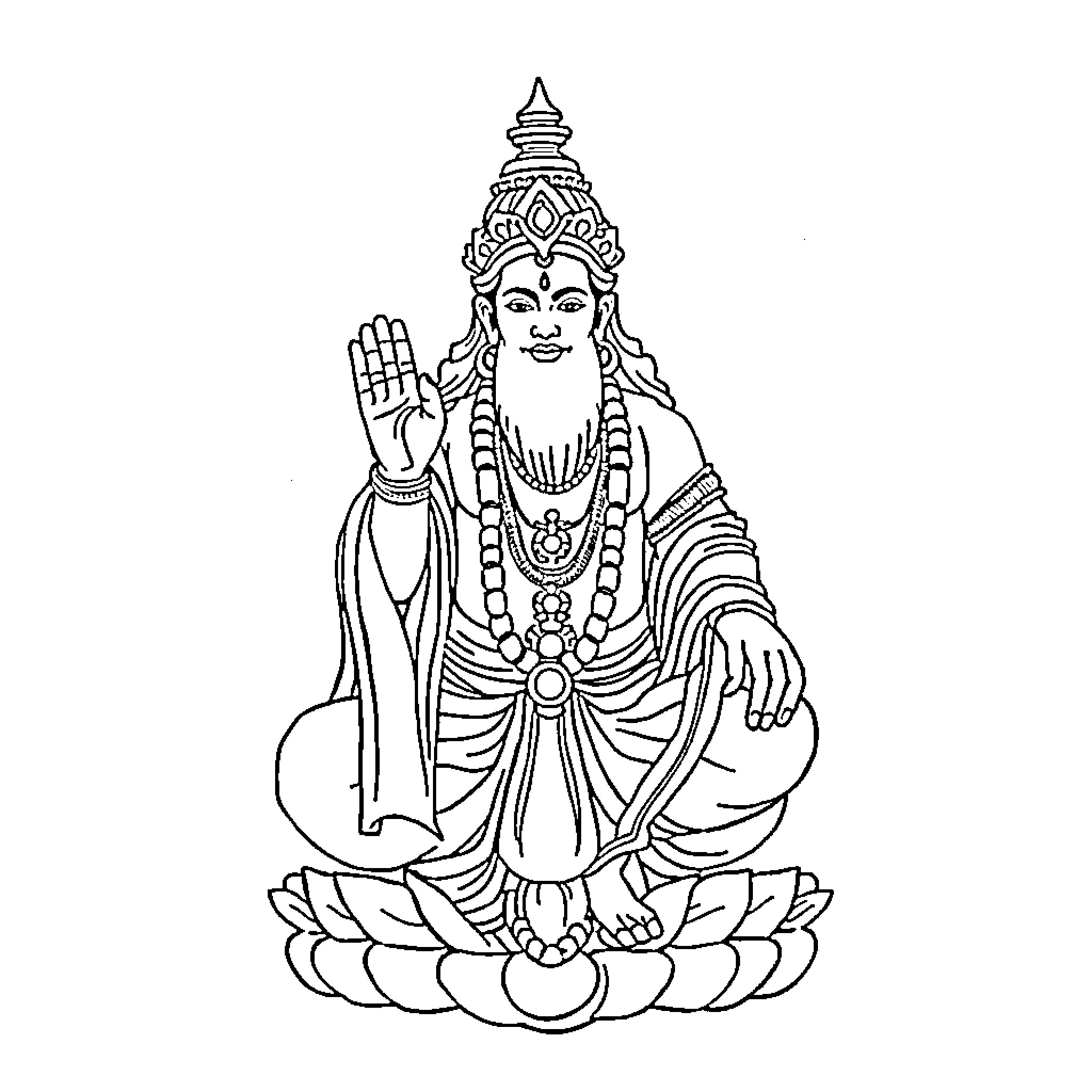 Yogeshwar depicted in meditative pose with ornate attire Coloring Page (free black-and-white line drawing printable PDF for all, from beginners to advanced learners, including children, teens, adults, and seniors)
