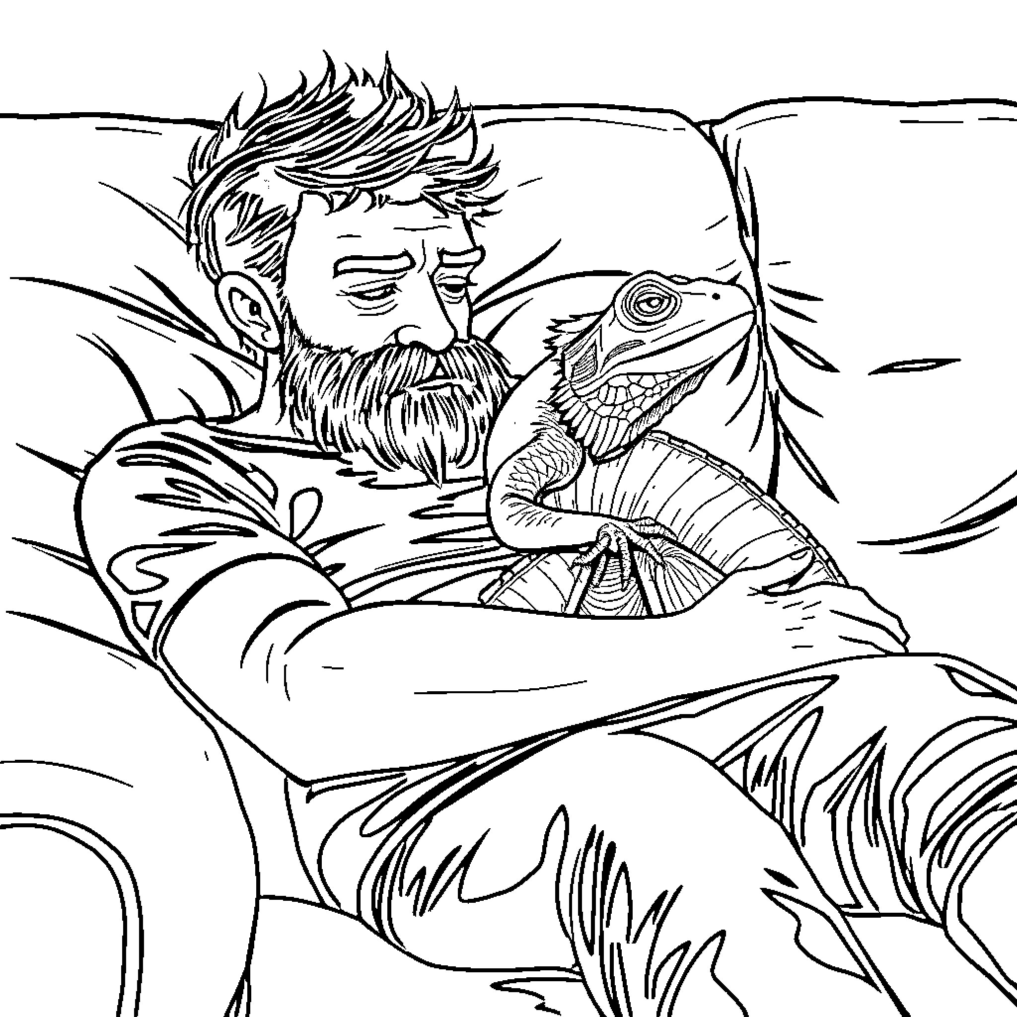Bearded Dragon Relaxing in Nature Coloring Page (free black-and-white line drawing printable PDF for all, from beginners to advanced learners, including children, teens, adults, and seniors)