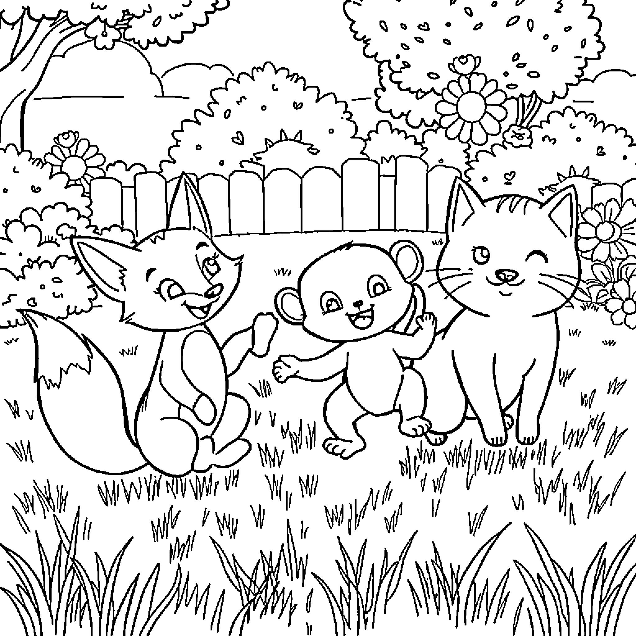 Fox Companions Frolicking in Enchanting Garden Coloring Page (free black-and-white line drawing printable PDF for all, from beginners to advanced learners, including children, teens, adults, and seniors)