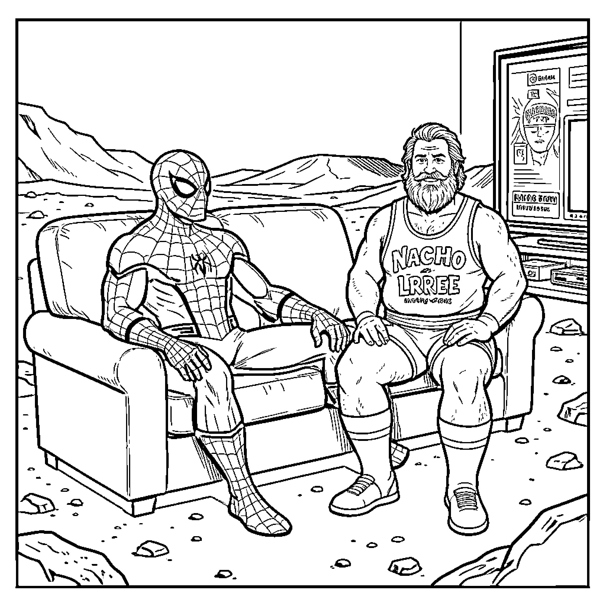 Spiderman relaxing with Nacho Libre in a scenic setting Coloring Page (free black-and-white line drawing printable PDF for all, from beginners to advanced learners, including children, teens, adults, and seniors)