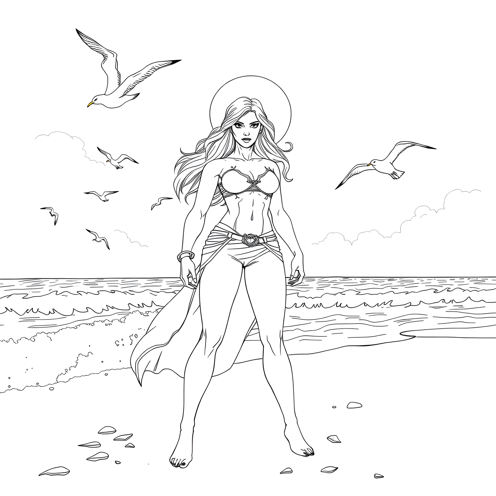 Wonder Woman walking confidently on the beach Coloring Page (free black-and-white line drawing printable PDF for all, from beginners to advanced learners, including children, teens, adults, and seniors)