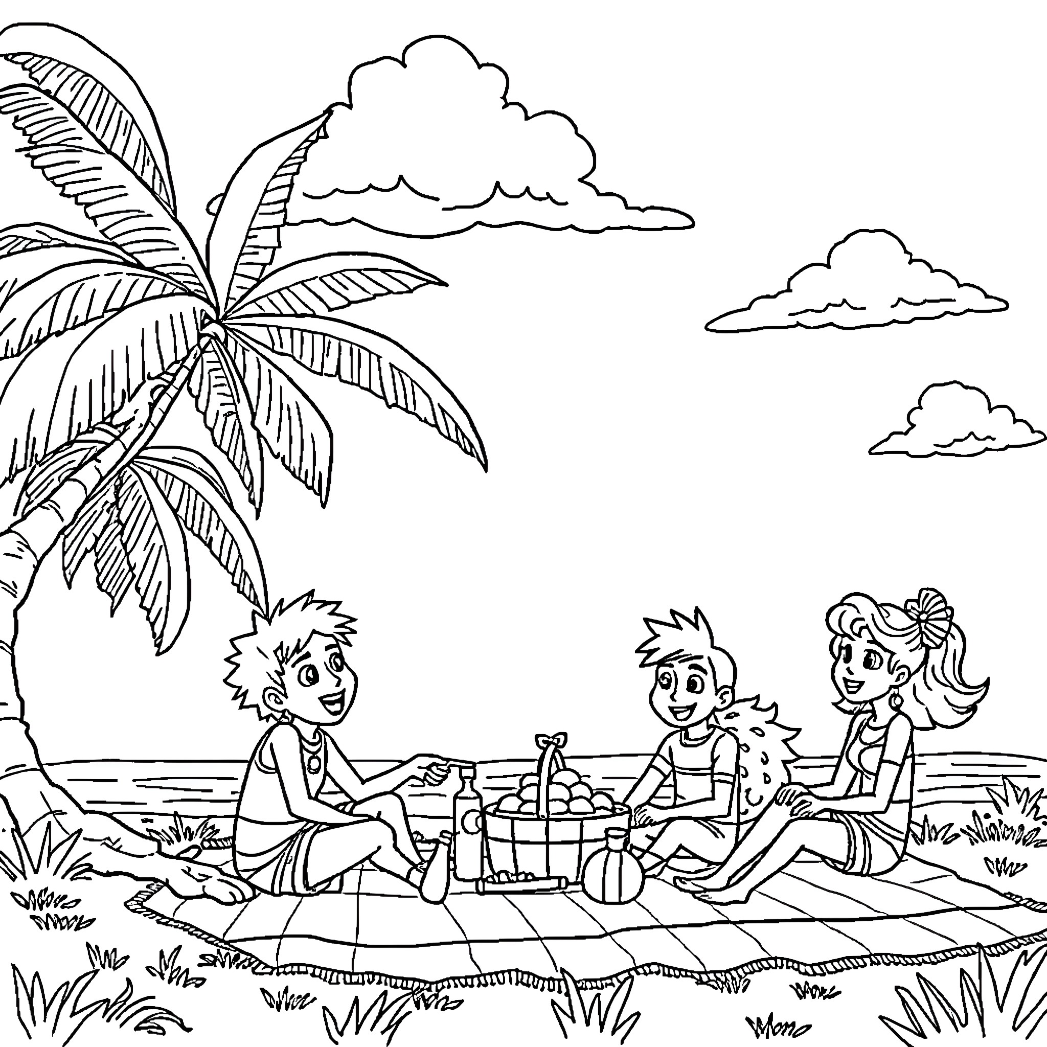 Battle for Dream Island - Friends Enjoying a Picnic on the Beach Coloring Page (free black-and-white line drawing printable PDF for all, from beginners to advanced learners, including children, teens, adults, and seniors)