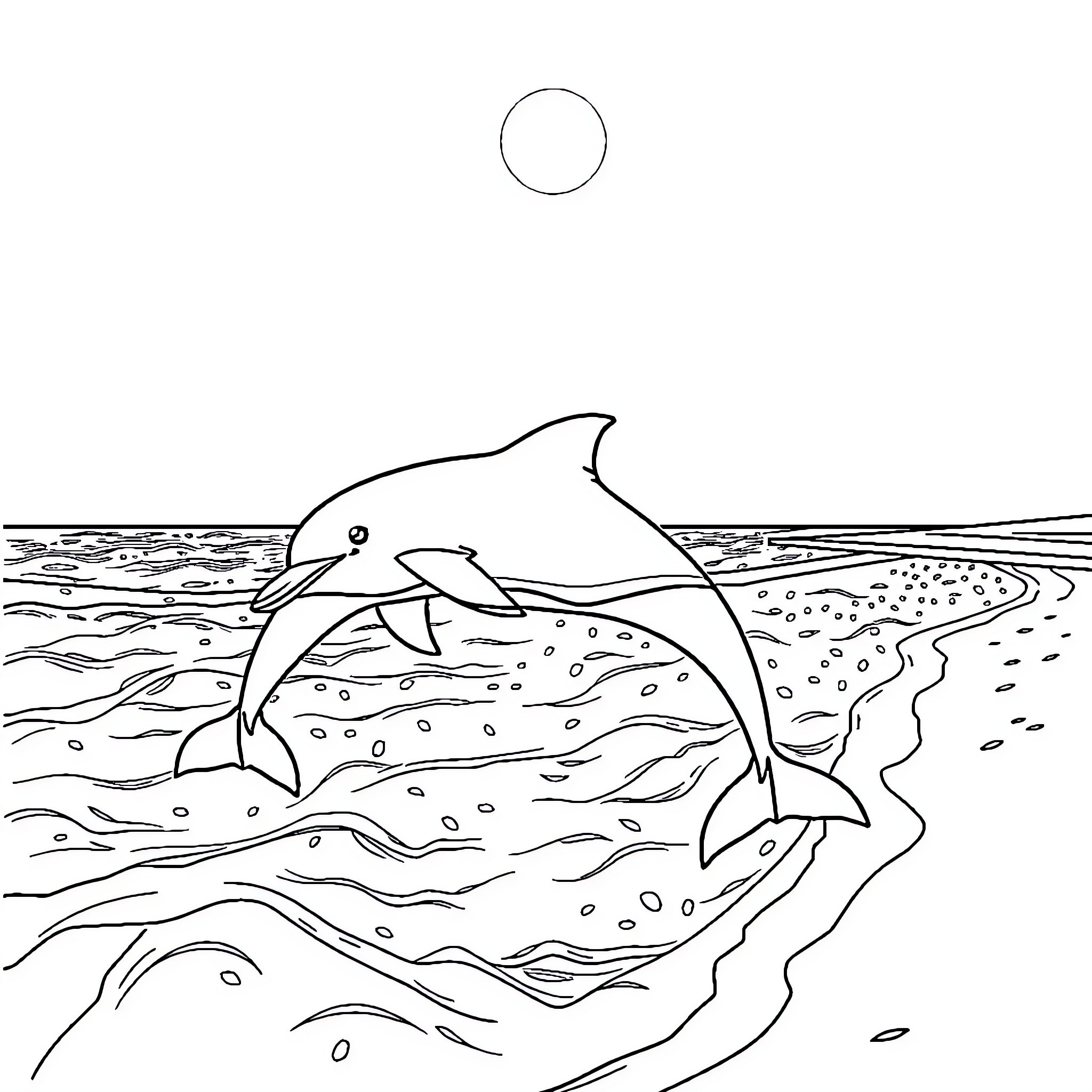 Dolphin leaping in the waves Coloring Page (free black-and-white line drawing printable PDF for all, from beginners to advanced learners, including children, teens, adults, and seniors)
