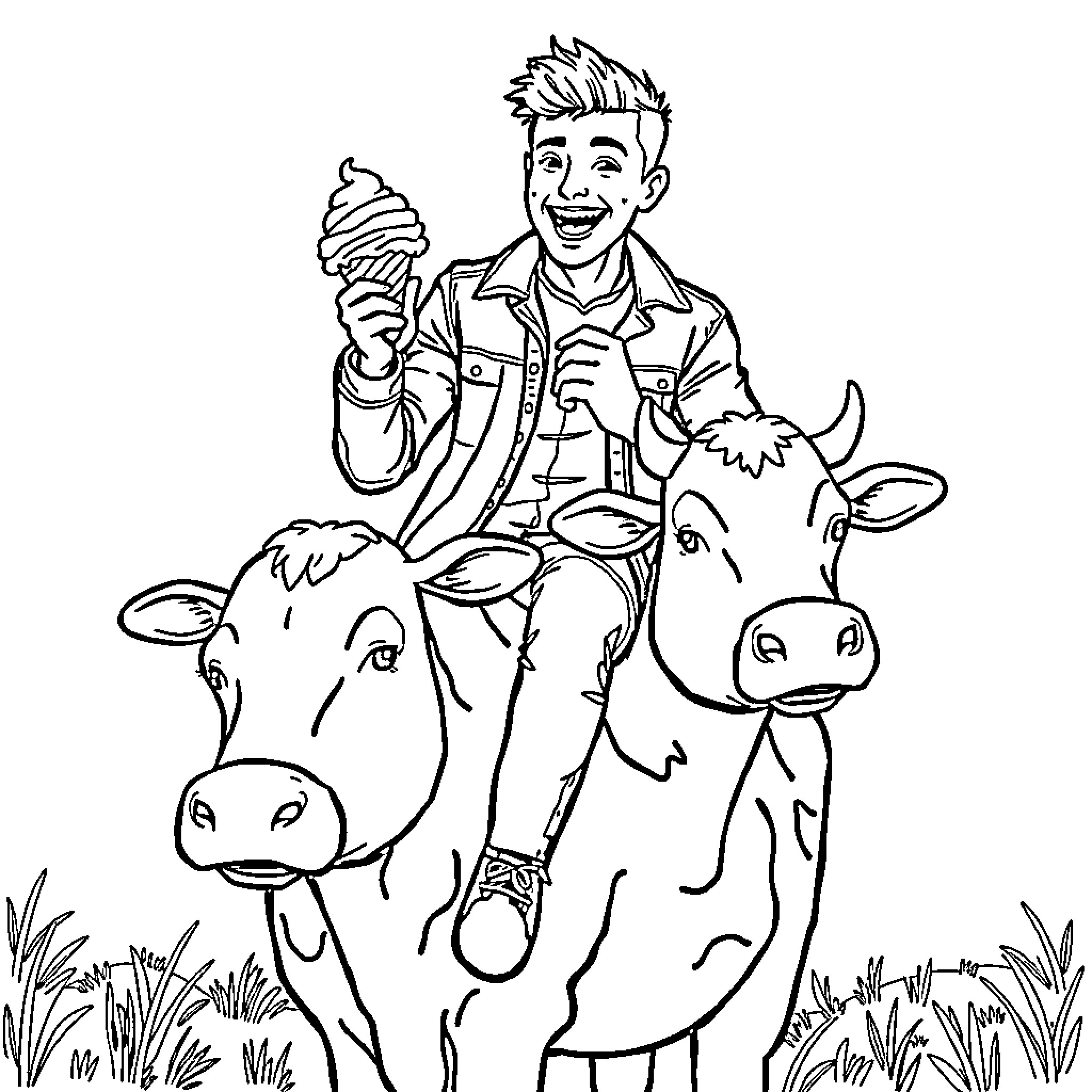 Guy enjoying ice cream with farm animals Coloring Page (free black-and-white line drawing printable PDF for all, from beginners to advanced learners, including children, teens, adults, and seniors)